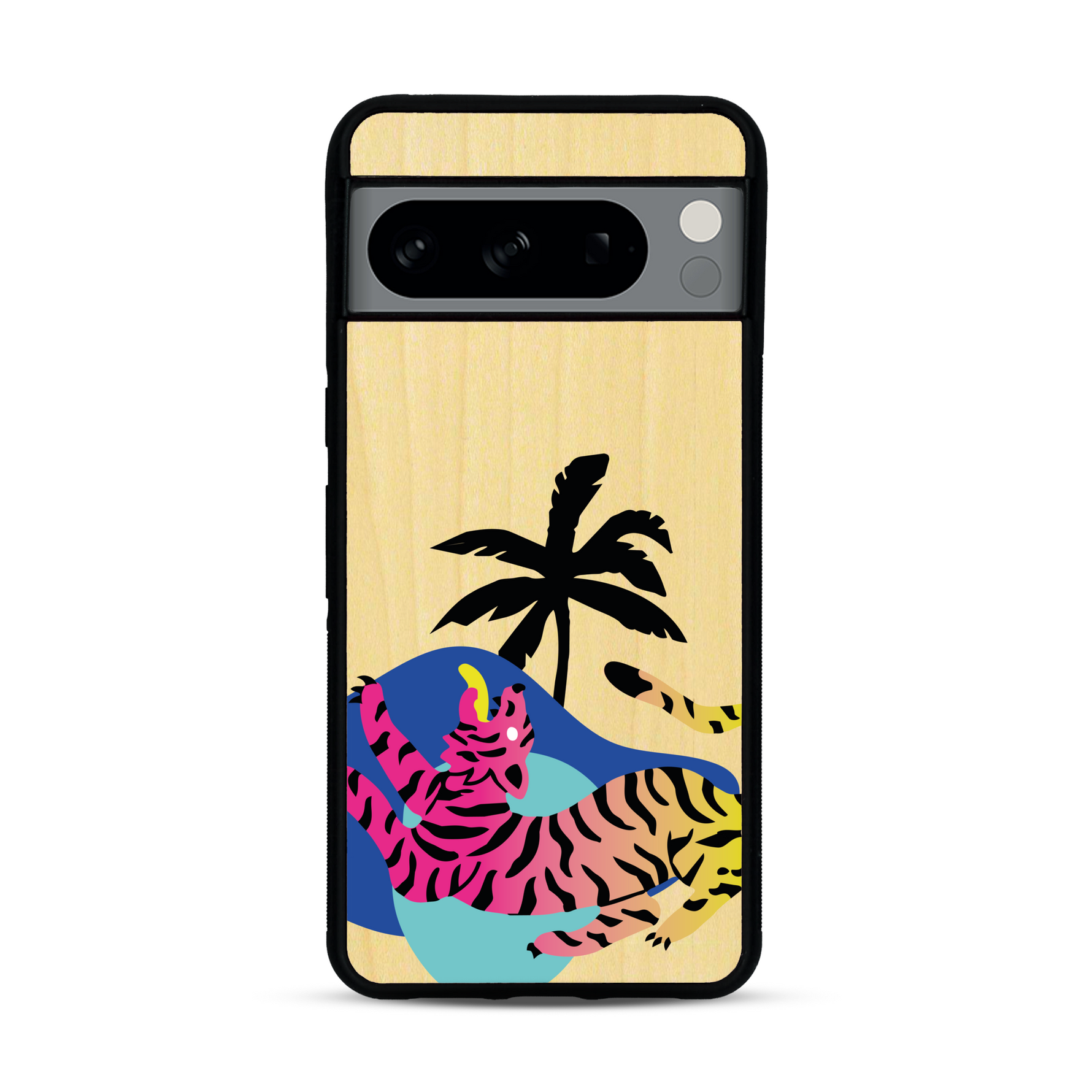Coque de protection en bois véritable fabriquée en France pour Google Pixel 8pro représentant un tigre coloré avec un design moderne et minimaliste sur le thème de la jungle et de la nature