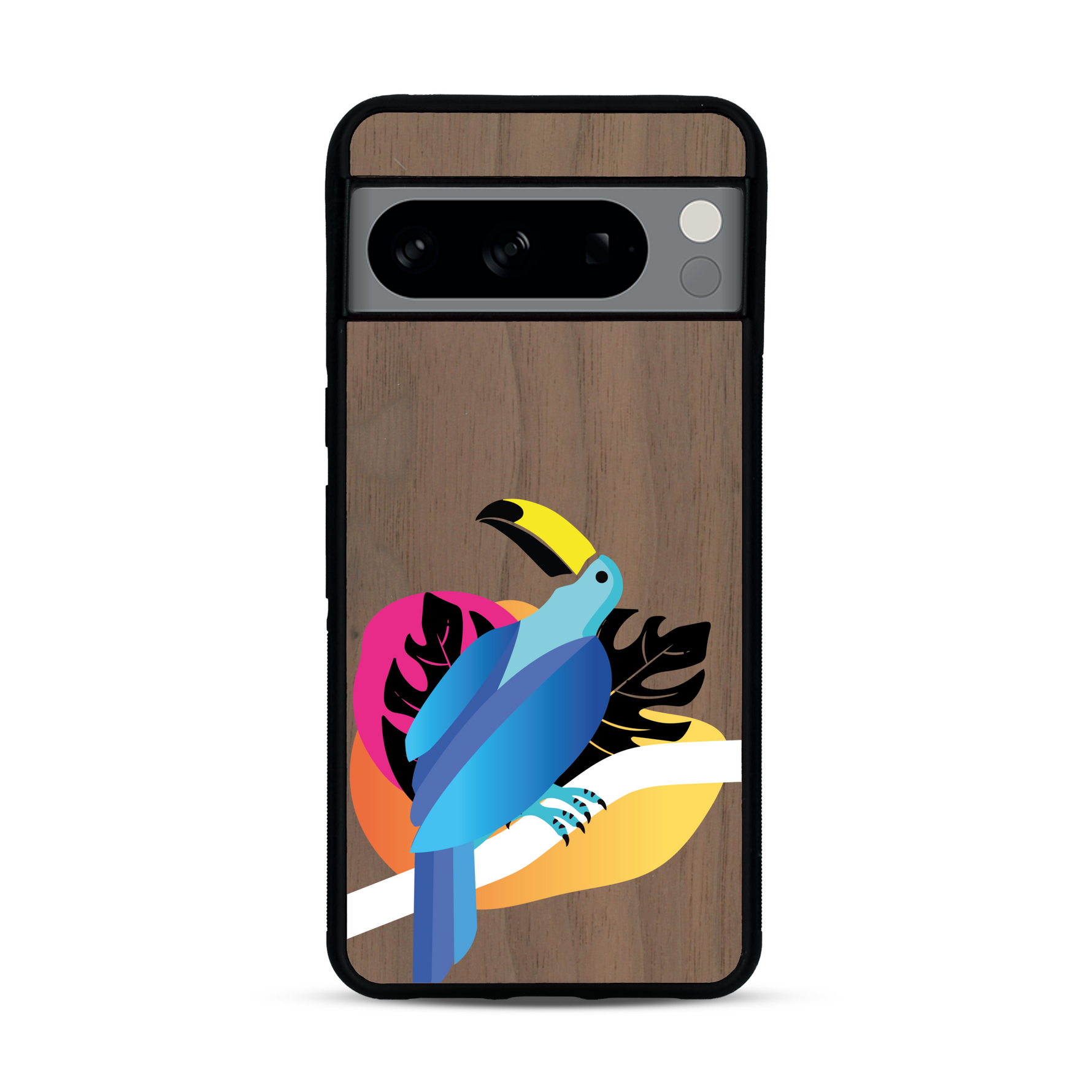 Coque de protection en bois véritable fabriquée en France pour Google Pixel 8pro représentant un toucan coloré avec un design moderne et minimaliste sur le thème de la jungle et de la nature