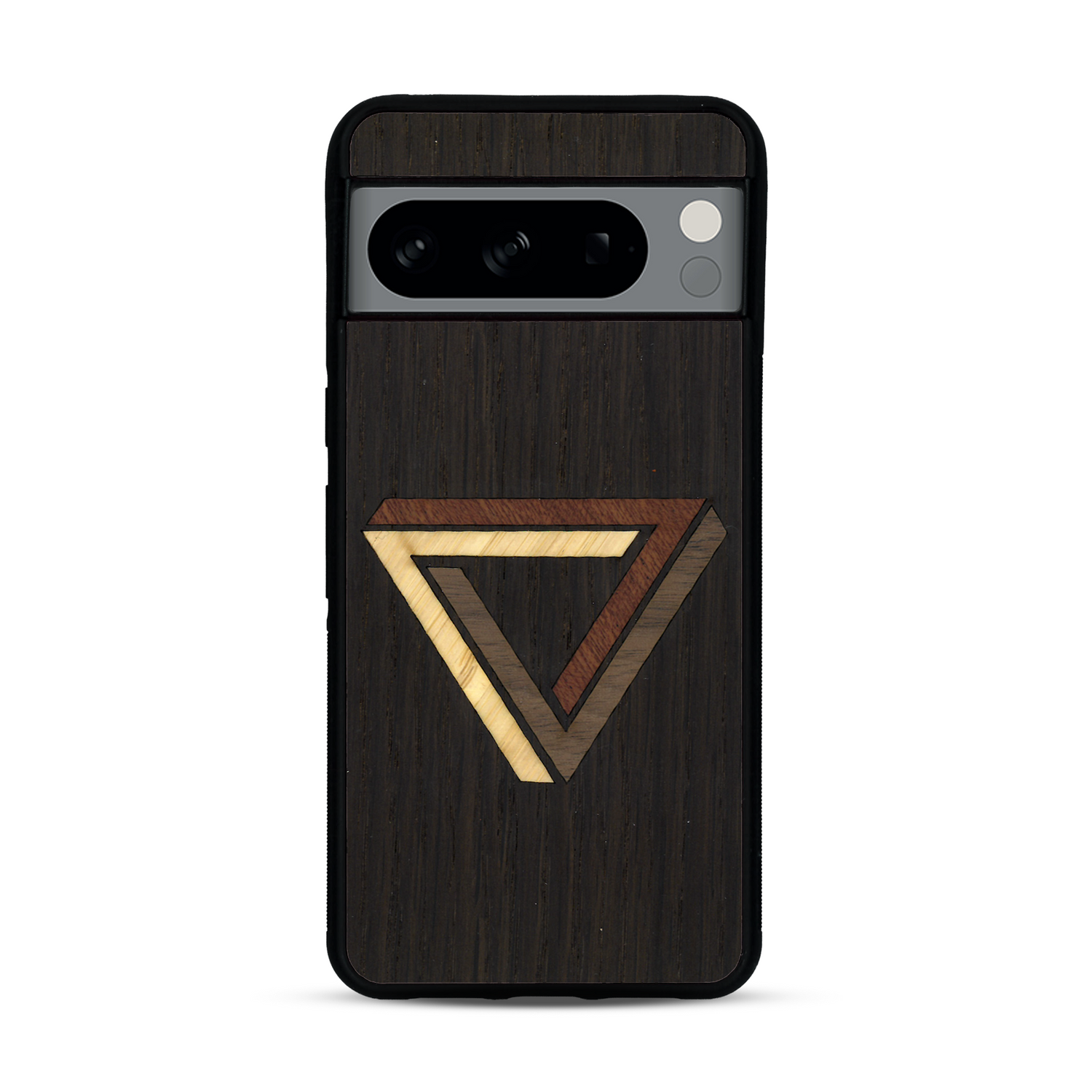 Coque de protection en bois véritable fabriquée en France pour  sur le thème de l'art géométrique qui allie du chêne fumé, du noyer, du bambou et du padouk représentant le triangle de penrose