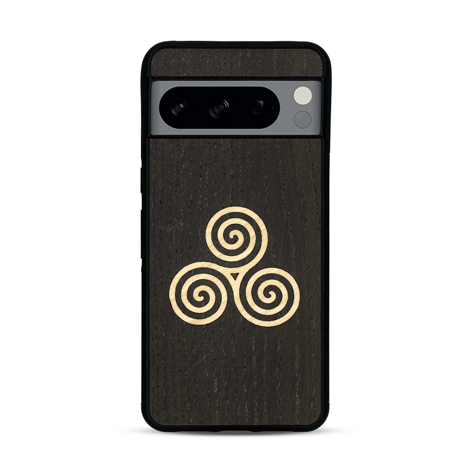 Coque de protection en bois véritable fabriquée en France pour  alliant du chêne fumé et du bambou et doré représentant un triskell