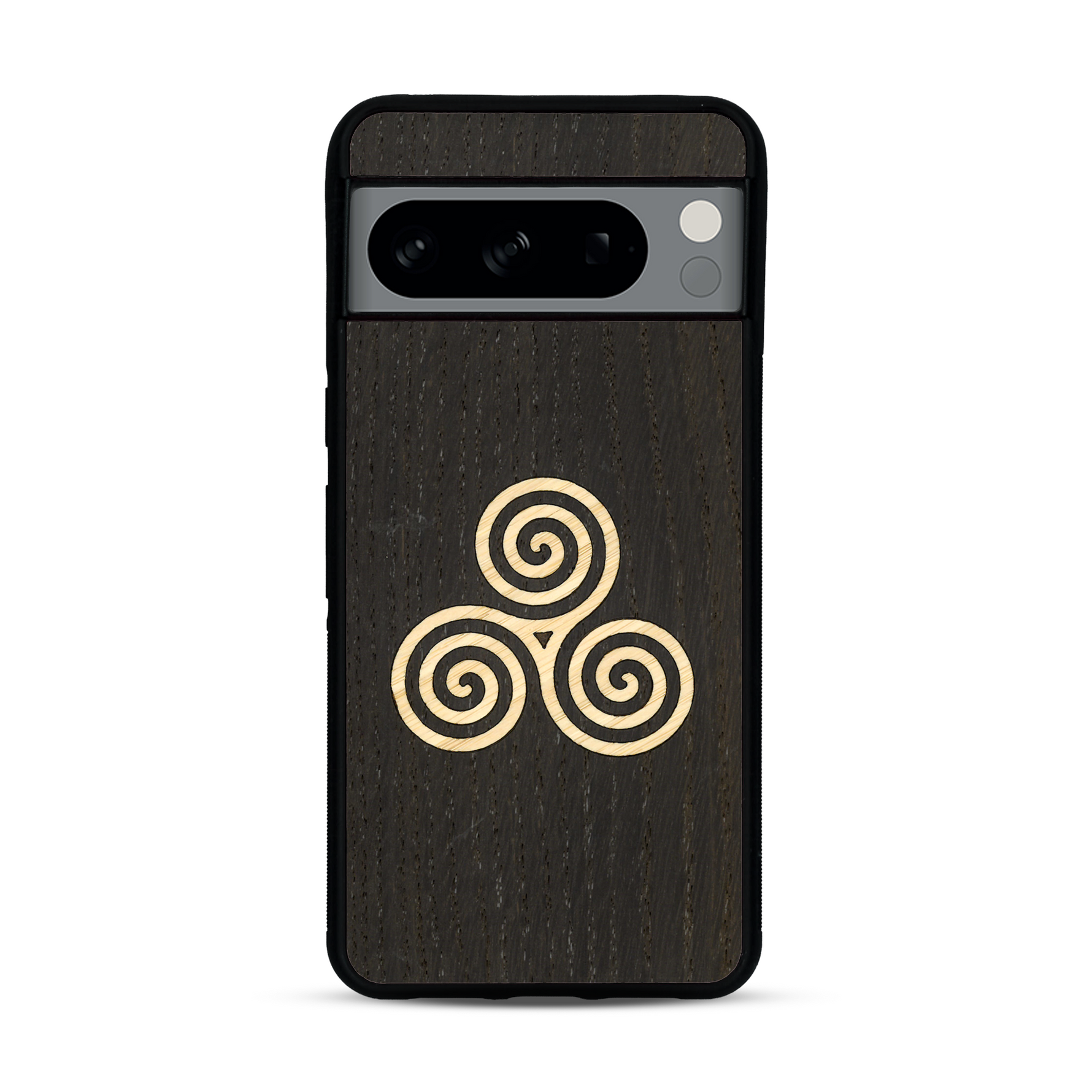 Coque de protection en bois véritable fabriquée en France pour  alliant du chêne fumé et du bambou et doré représentant un triskell