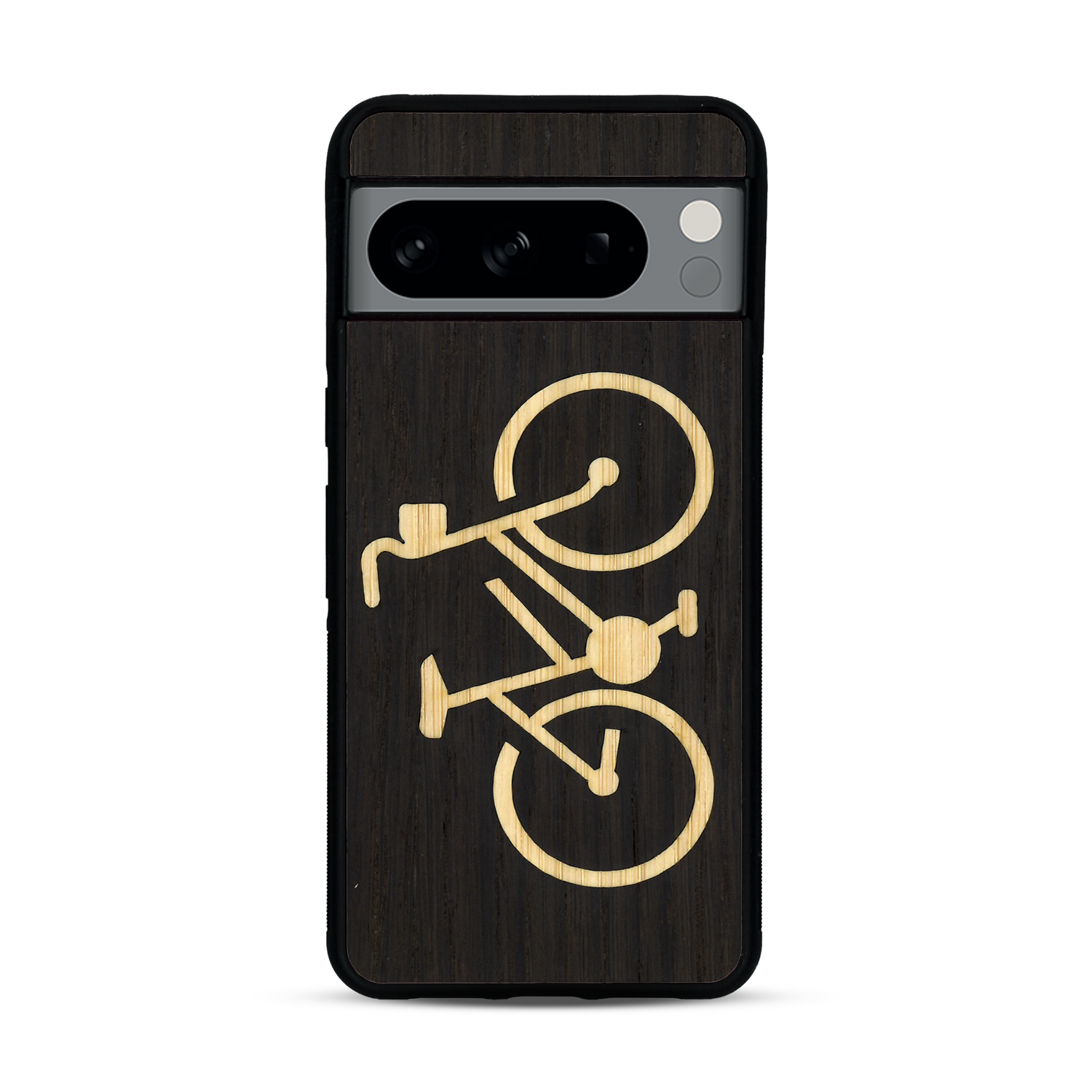 Coque de protection en bois véritable fabriquée en France pour  sur le theme du vélo et de l'outdoor qui allie du bambou et du chêne fumé représentant un vélo