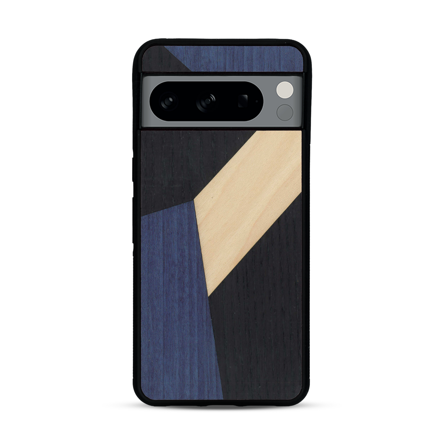 Coque de protection en bois véritable fabriquée en France pour  alliant du bambou, du tulipier bleu et noir en forme de mosaïque minimaliste sur le thème de l'art abstrait