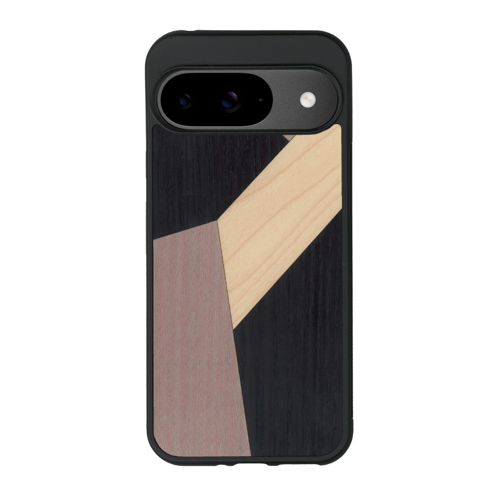 Coque de protection en bois véritable fabriquée en France pour Google Pixel 8pro alliant du bambou, du tulipier mauve et noir en forme de mosaïque minimaliste sur le thème de l'art abstrait