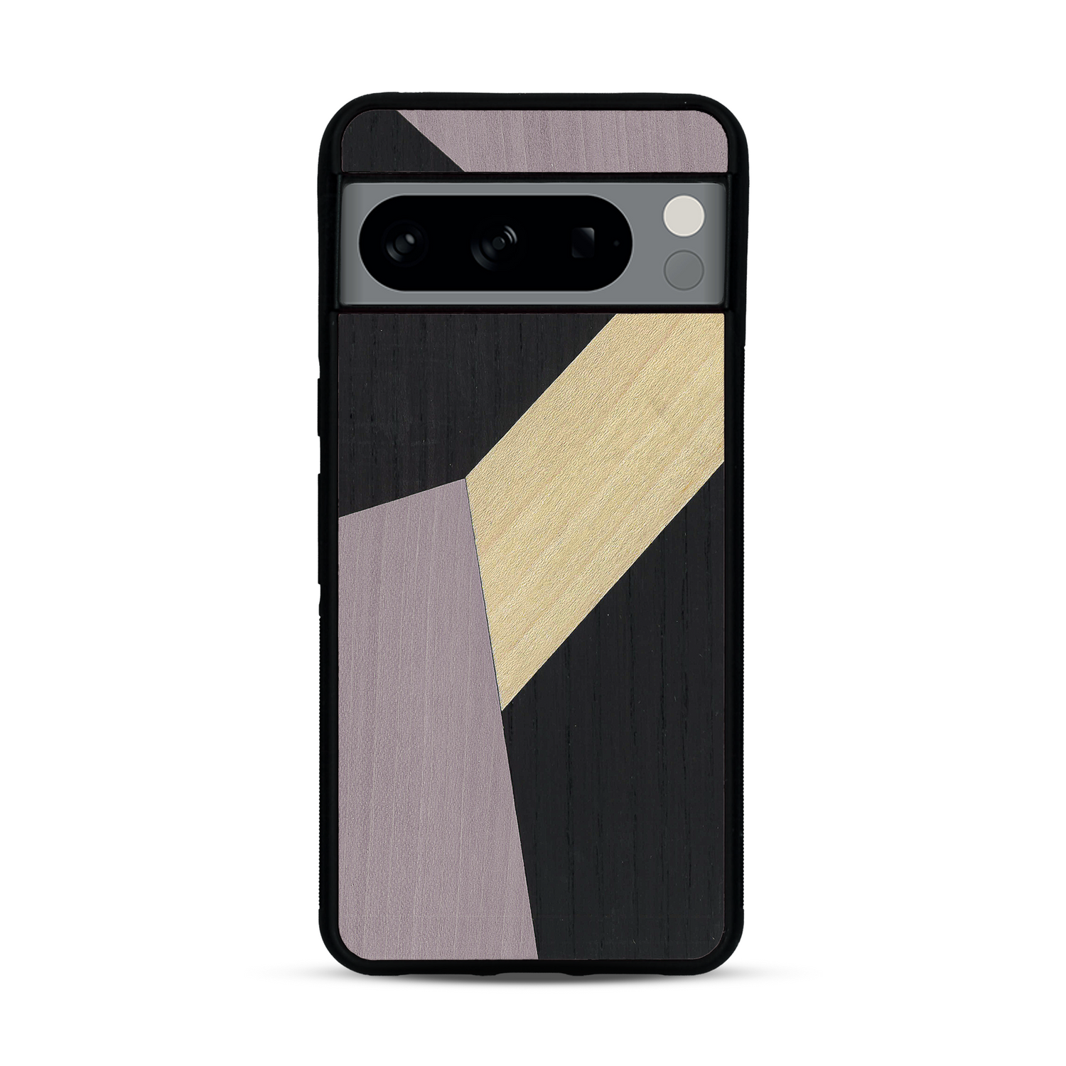 Coque de protection en bois véritable fabriquée en France pour  alliant du bambou, du tulipier mauve et noir en forme de mosaïque minimaliste sur le thème de l'art abstrait