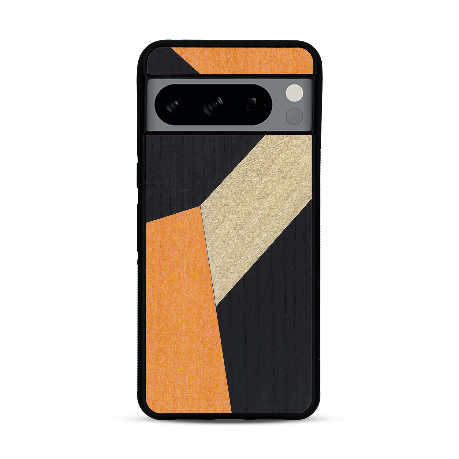 Coque de protection en bois véritable fabriquée en France pour  alliant du bambou, du tulipier orange et noir en forme de mosaïque minimaliste sur le thème de l'art abstrait