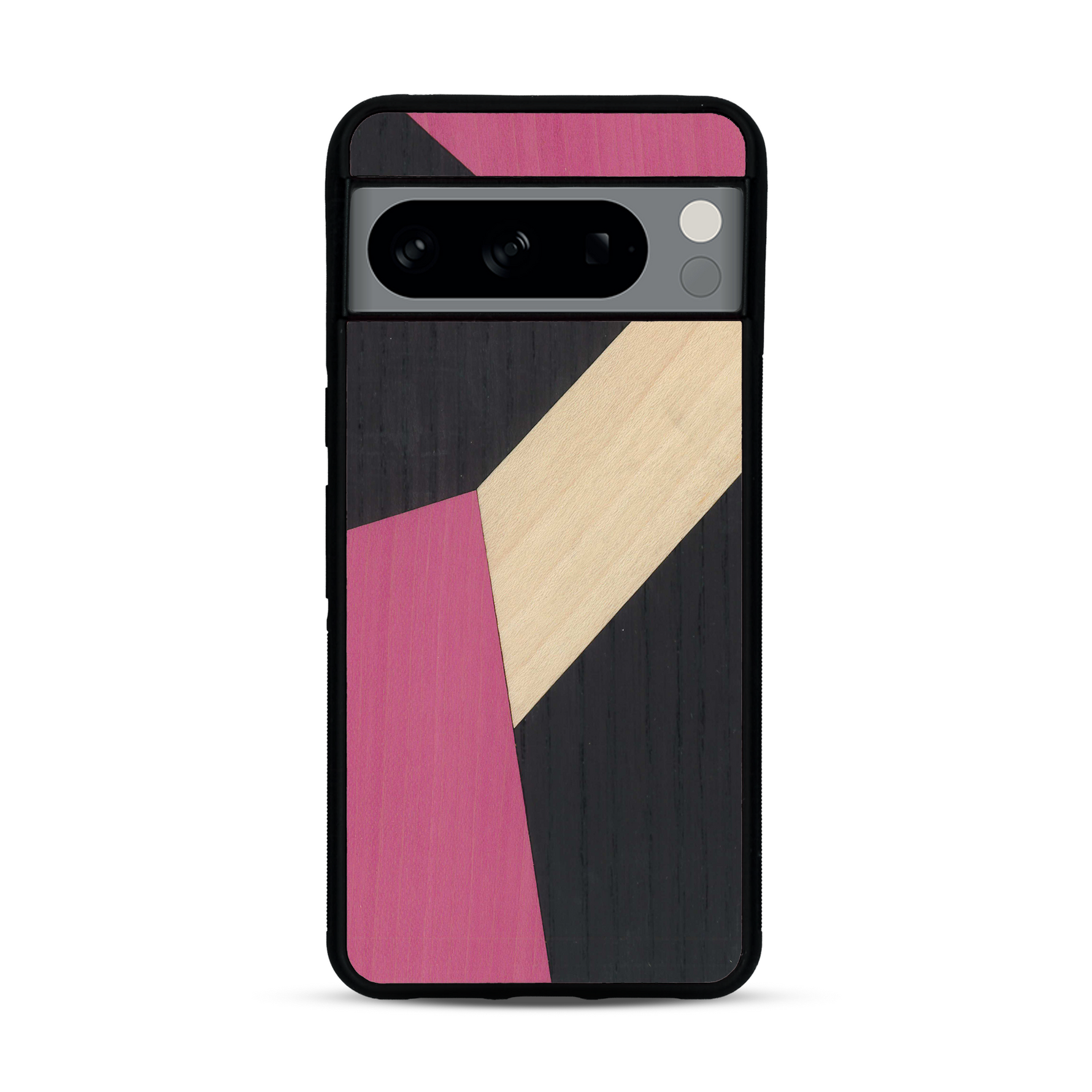 Coque de protection en bois véritable fabriquée en France pour  alliant du bambou, du tulipier rose et noir en forme de mosaïque minimaliste sur le thème de l'art abstrait