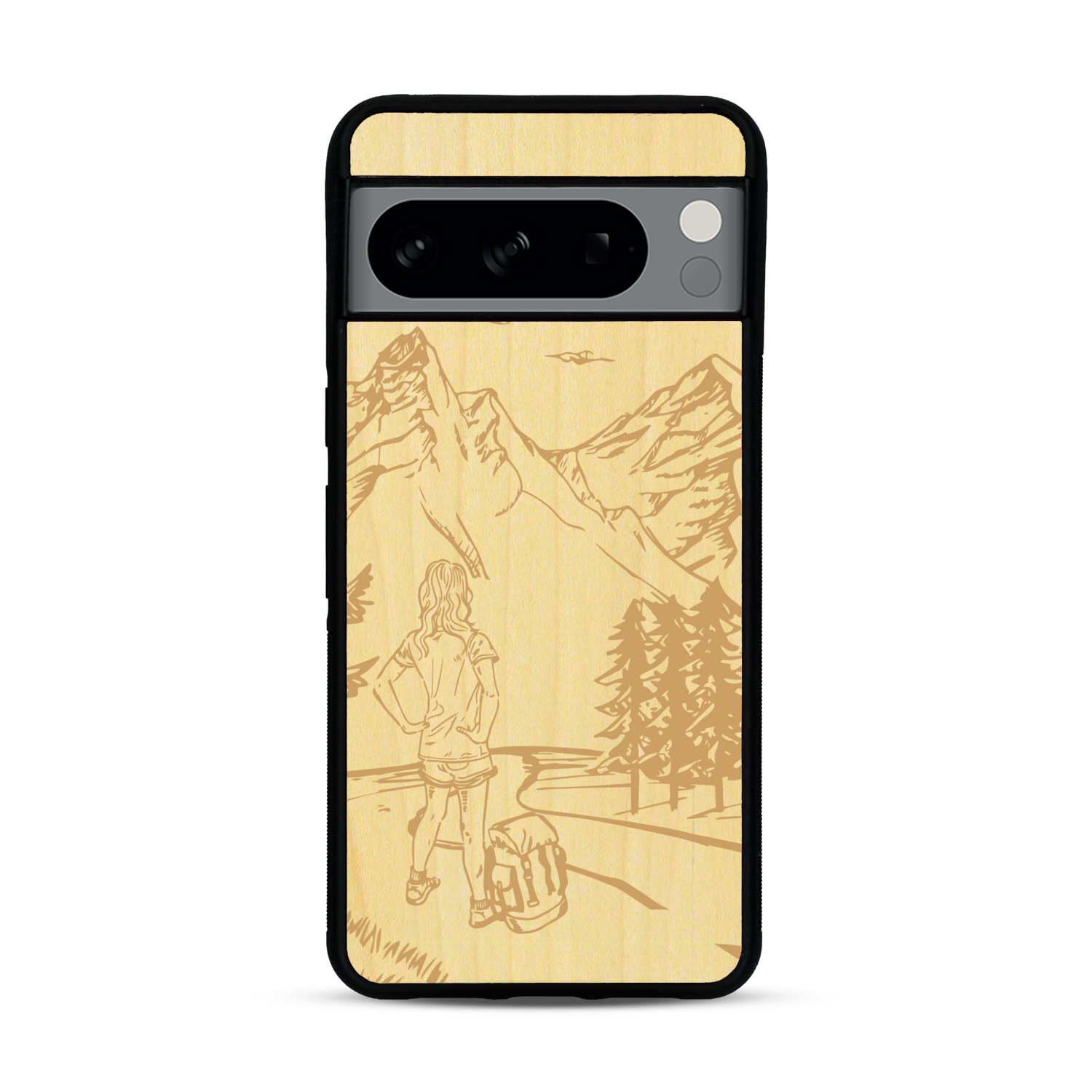 Coque de protection en bois véritable fabriquée en France pour  sur le thème de la randonnée en montagne et de l'aventure avec une gravure représentant une femme de dos face à un paysage de nature