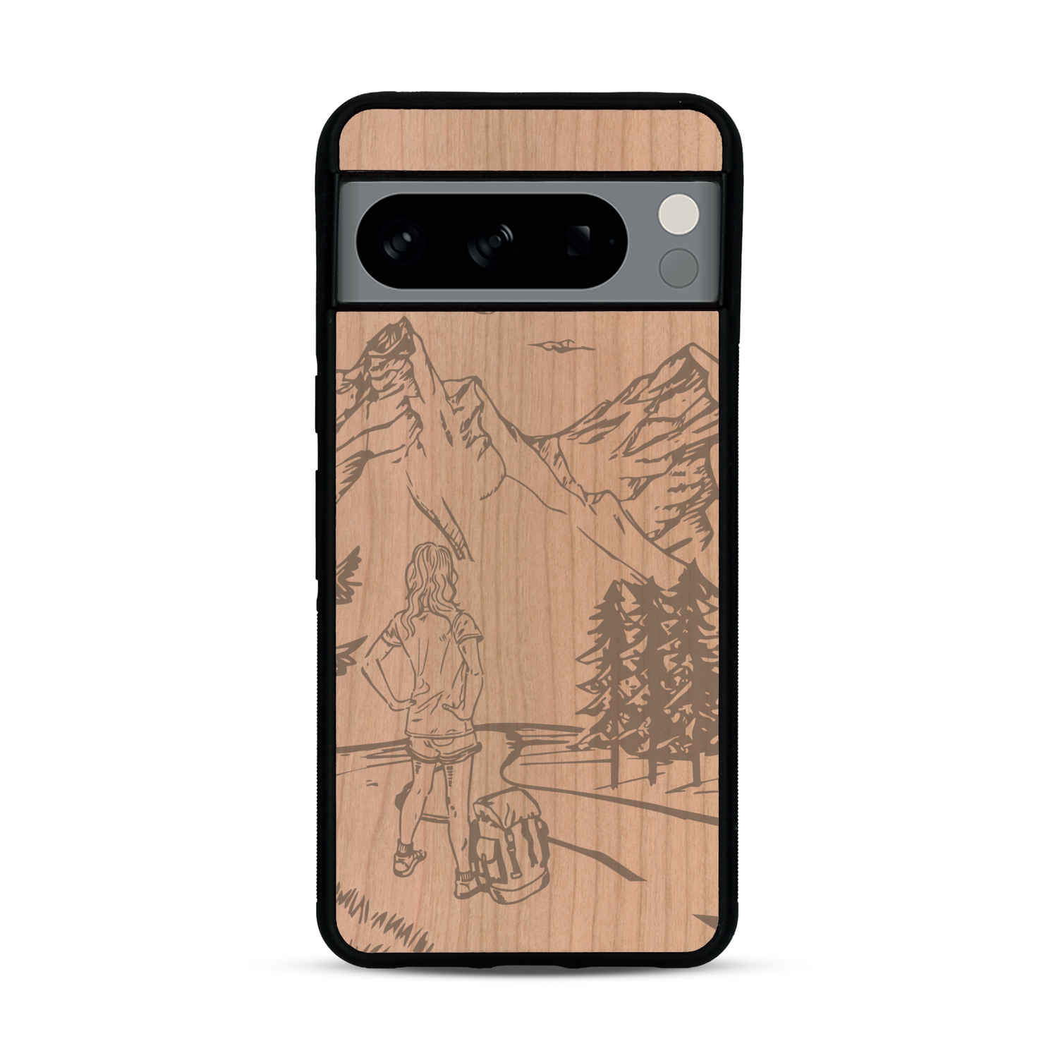 Coque de protection en bois véritable fabriquée en France pour  sur le thème de la randonnée en montagne et de l'aventure avec une gravure représentant une femme de dos face à un paysage de nature