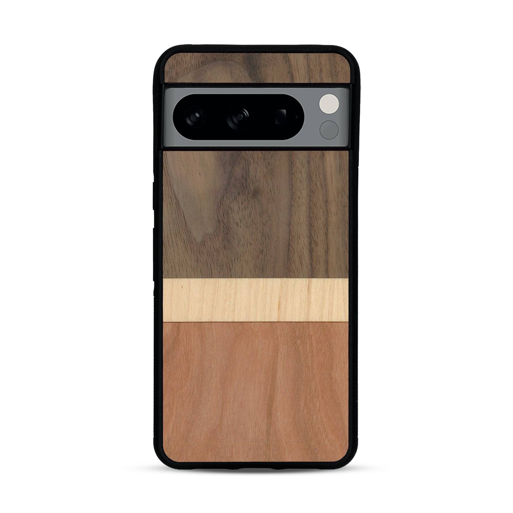 Coque de protection en bois véritable fabriquée en France pour  alliant des bandes horizontales de bambou, merisier et noyer