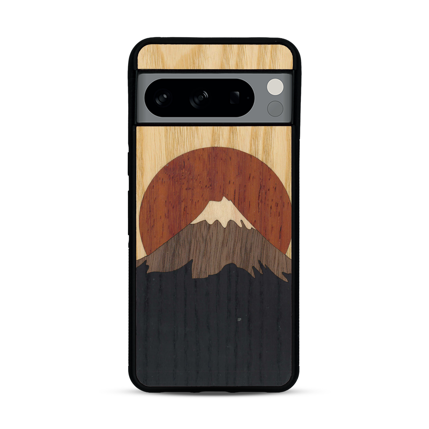 Coque de protection en bois véritable fabriquée en France pour  alliant plusieurs essences de bois pour représenter le mont Fuji