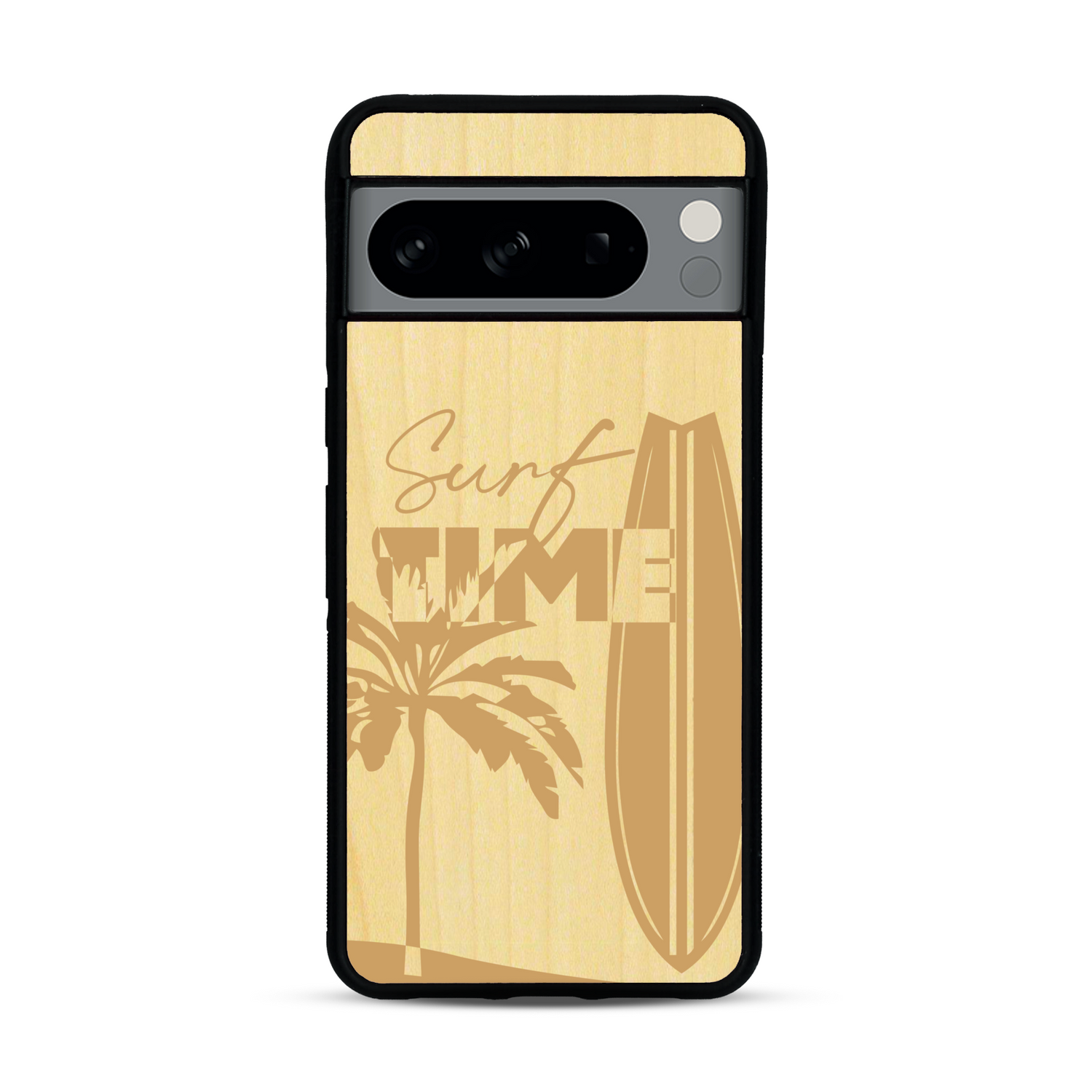 Coque de protection en bois véritable fabriquée en France pour  sur le thème chill avec un motif représentant une silouhette tenant une planche de surf sur une plage entouré de palmiers et les mots "Surf Time Long Beach Miami"