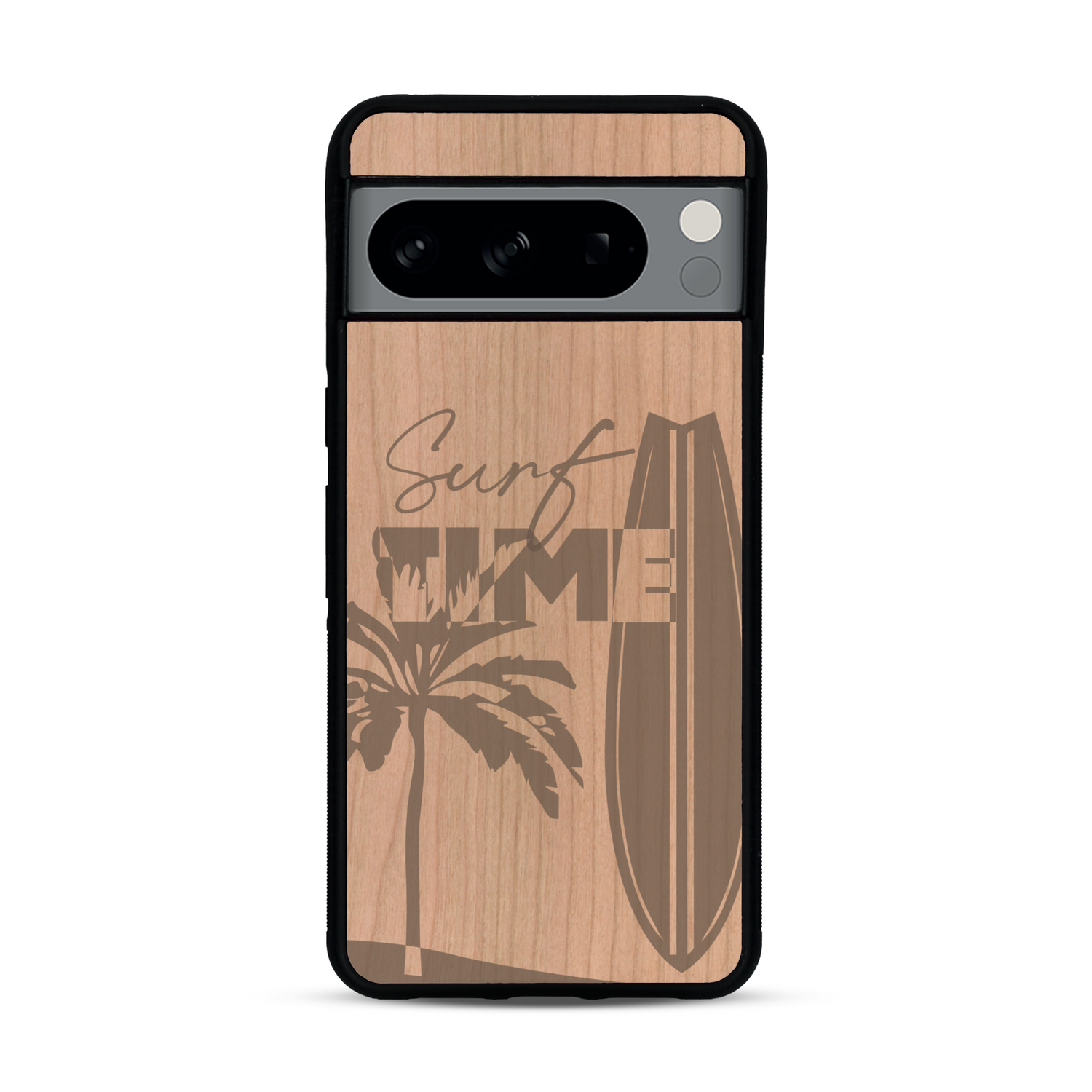 Coque de protection en bois véritable fabriquée en France pour  sur le thème chill avec un motif représentant une silouhette tenant une planche de surf sur une plage entouré de palmiers et les mots "Surf Time Long Beach Miami"