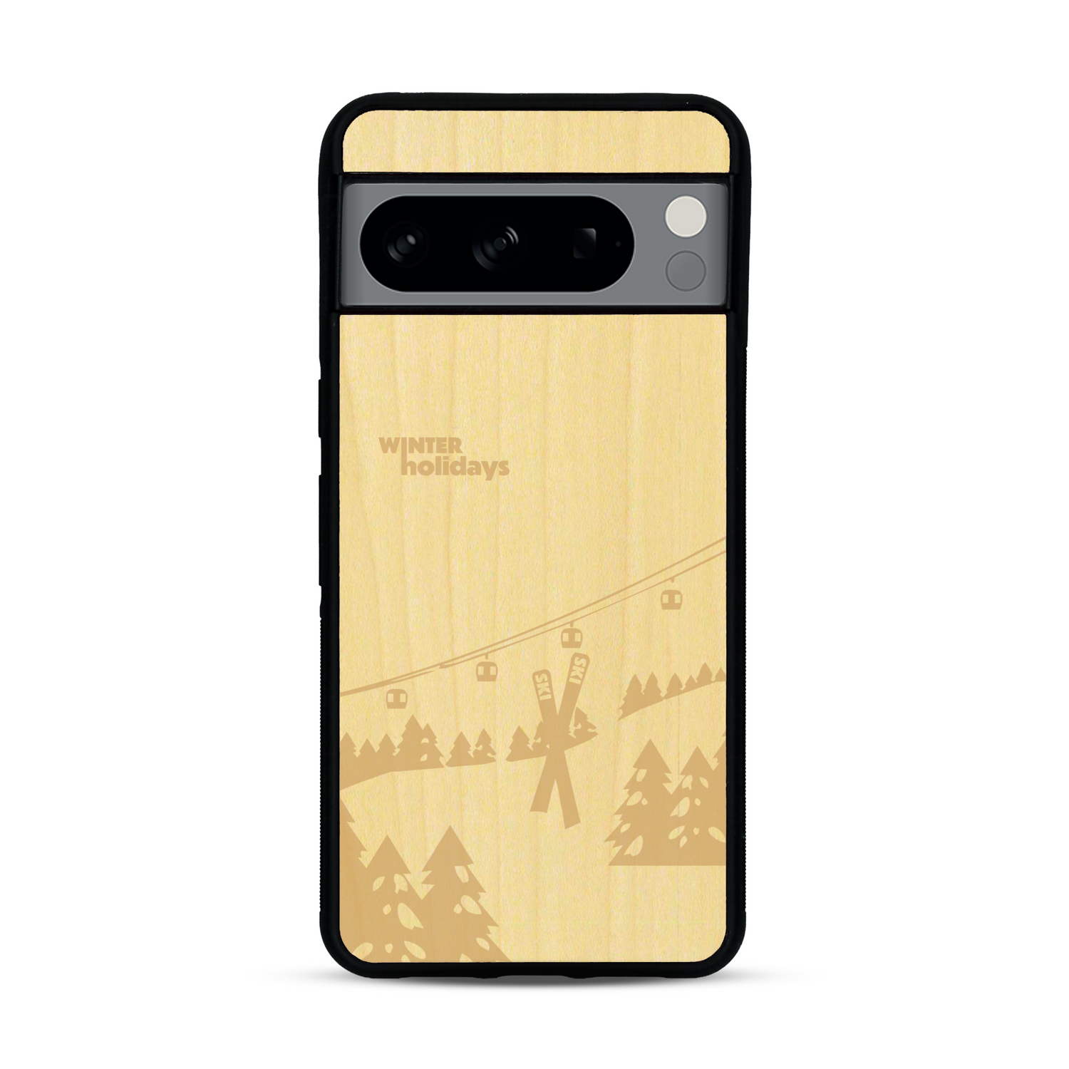 Coque de protection en bois véritable fabriquée en France pour  sur le thème de la montagne, du ski et de la neige avec un motif représentant une paire de ski plantée dans la neige avec en fond des montagnes enneigées