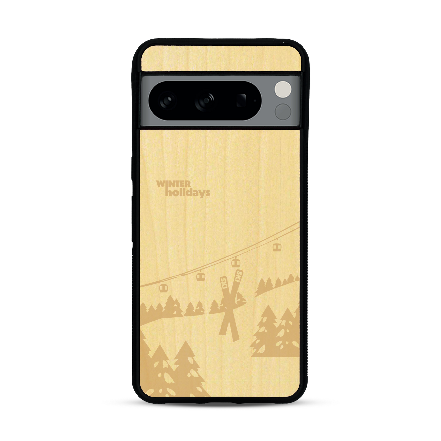 Coque de protection en bois véritable fabriquée en France pour  sur le thème de la montagne, du ski et de la neige avec un motif représentant une paire de ski plantée dans la neige avec en fond des montagnes enneigées