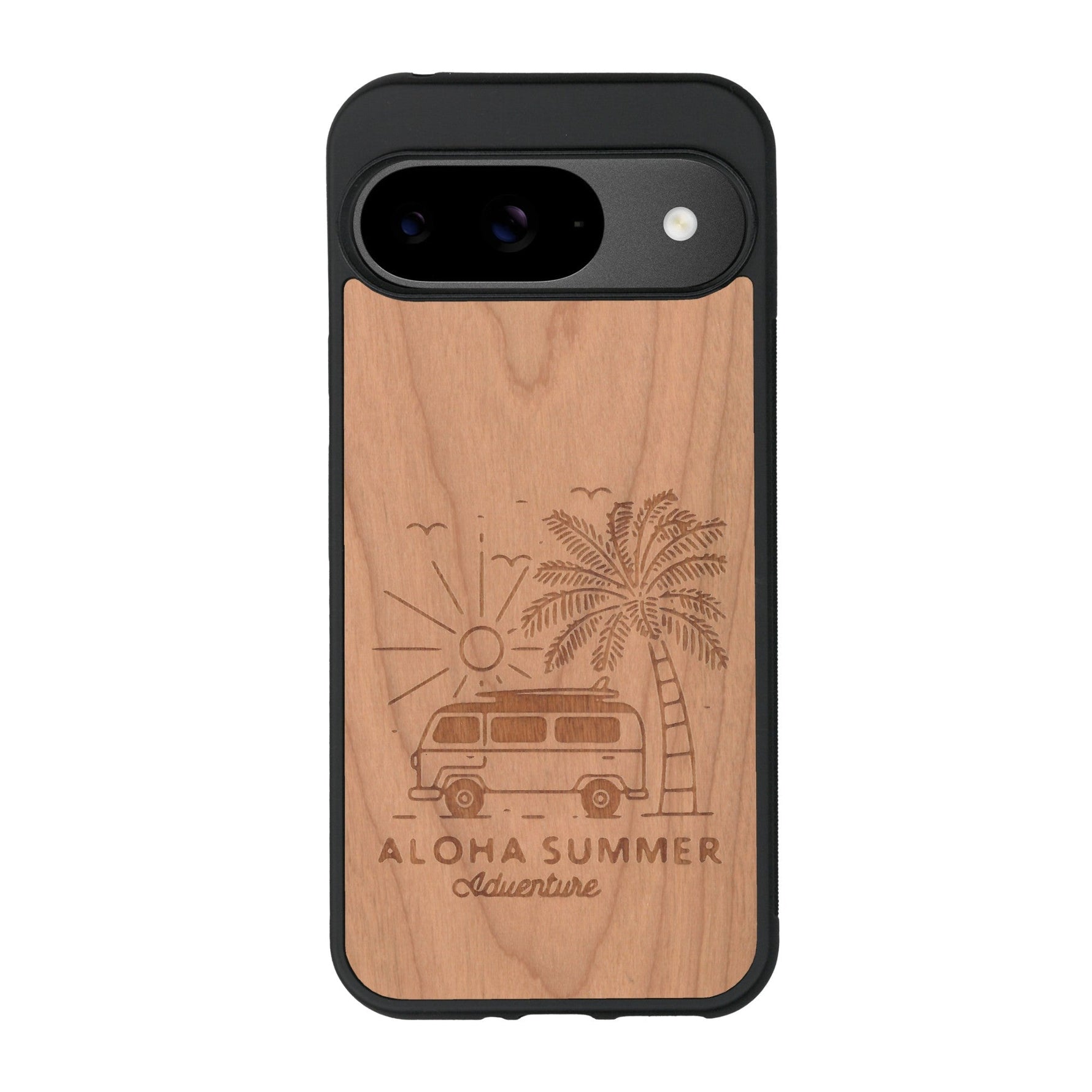 Coque de protection en bois véritable fabriquée en France pour Google Pixel 8pro sur le thème de la plage, de l'été et vanlife.