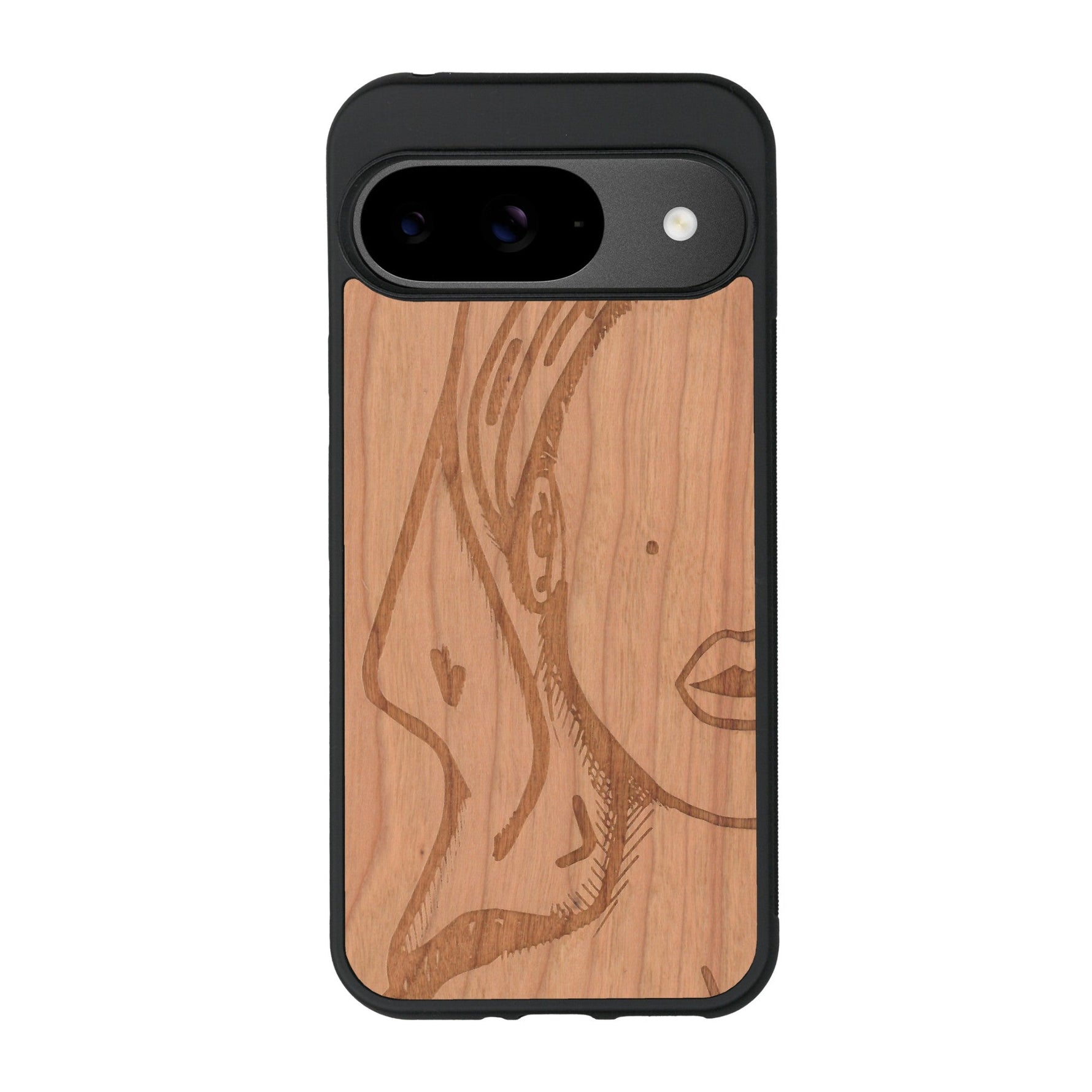 Coque de protection en bois véritable fabriquée en France pour Google Pixel 8pro représentant une silhouette féminine épurée de type line art en collaboration avec l'artiste Maud Dabs