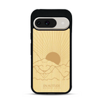 Coque de protection en bois véritable fabriquée en France pour  représentant des montagnes, sur le thème de la randonnée en pleine nature et du trail