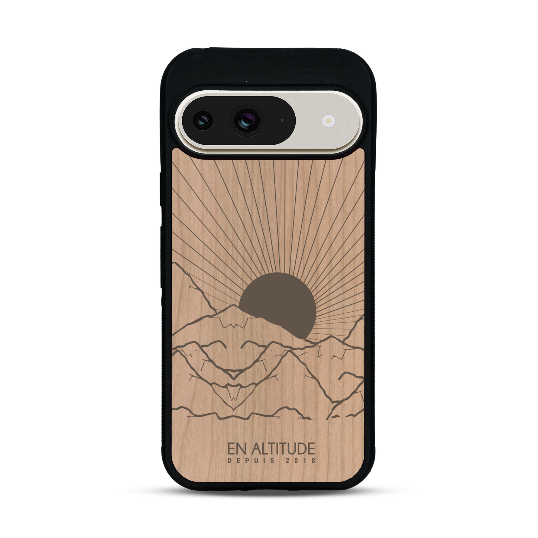 Coque de protection en bois véritable fabriquée en France pour  représentant des montagnes, sur le thème de la randonnée en pleine nature et du trail