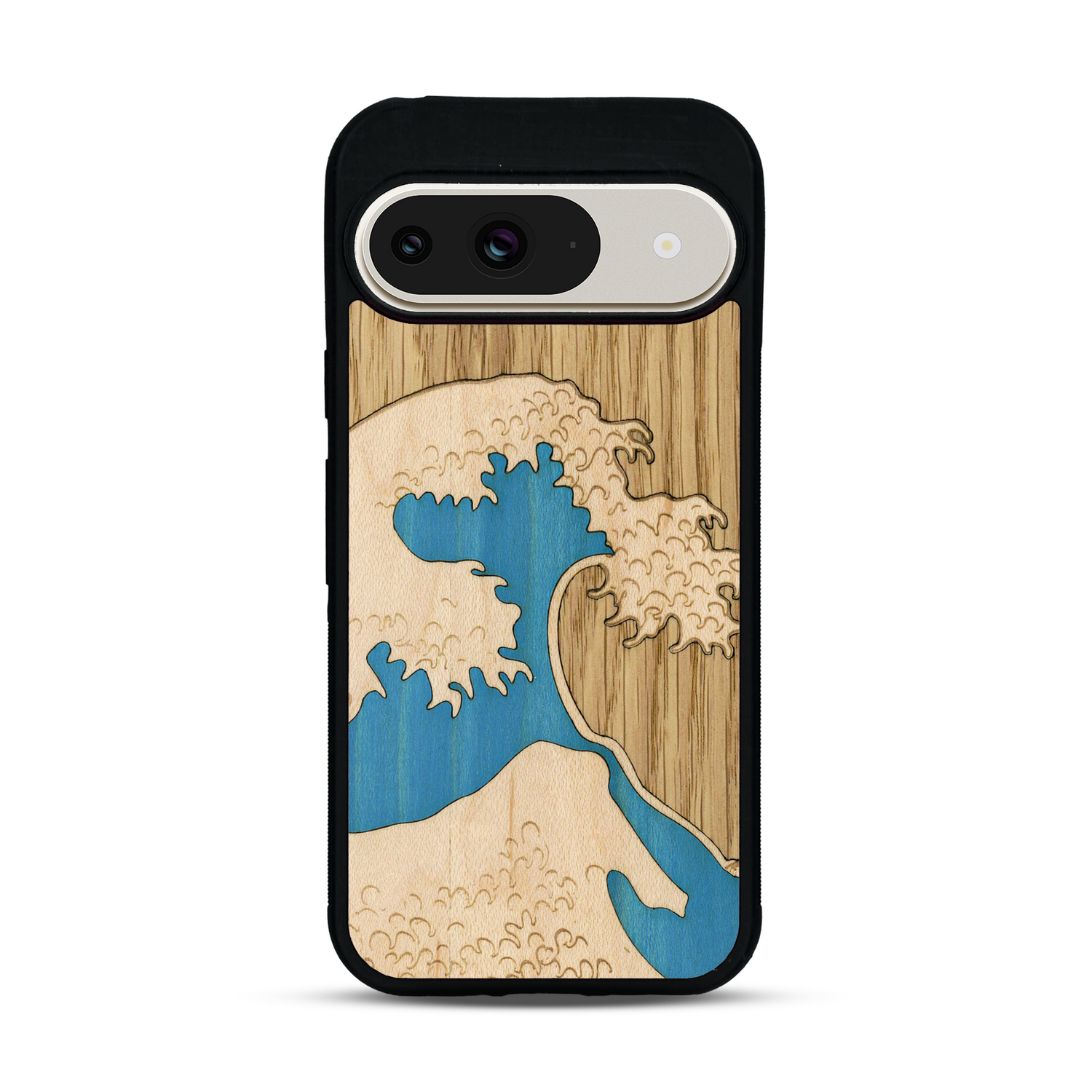Coque de protection en bois véritable fabriquée en France pour  alliant plusieurs essences de bois pour représenter la célèbre grande vague de Kanagawa