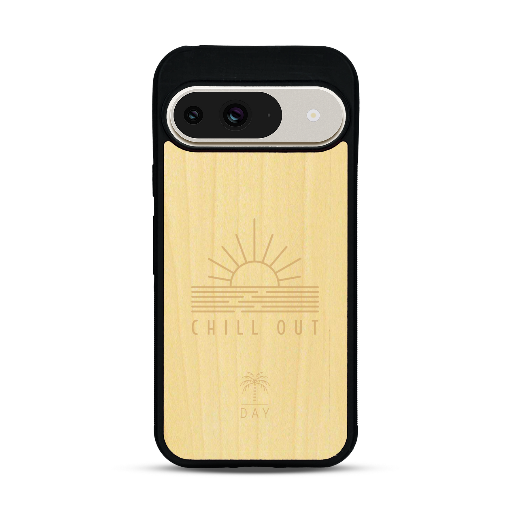 Coque de protection en bois véritable fabriquée en France pour  sur le thème chill avec un motif représentant un couché de soleil sur l'océan et la phrase "Chill out"