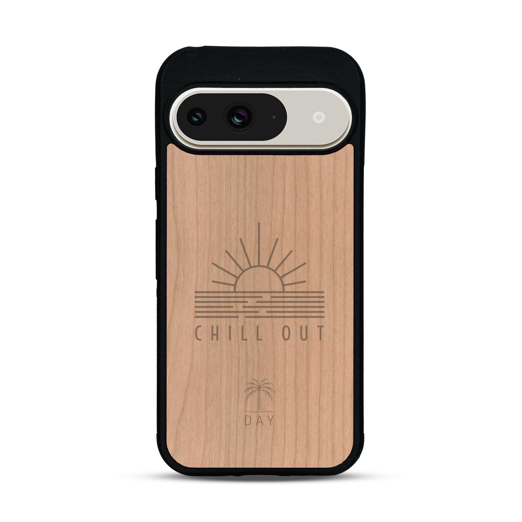Coque de protection en bois véritable fabriquée en France pour  sur le thème chill avec un motif représentant un couché de soleil sur l'océan et la phrase "Chill out"