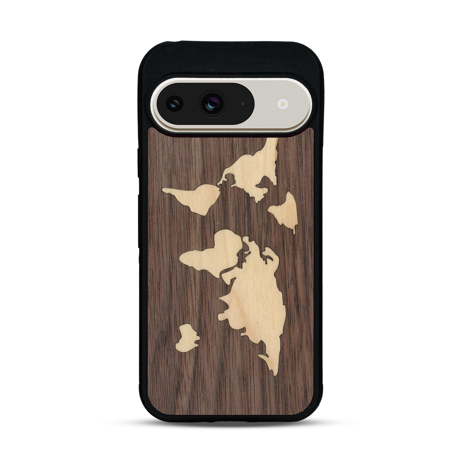 Coque de protection en bois véritable fabriquée en France pour  alliant du bambou et du noyer sur le thème du voyage et de l'aventure représentant une mappemonde
