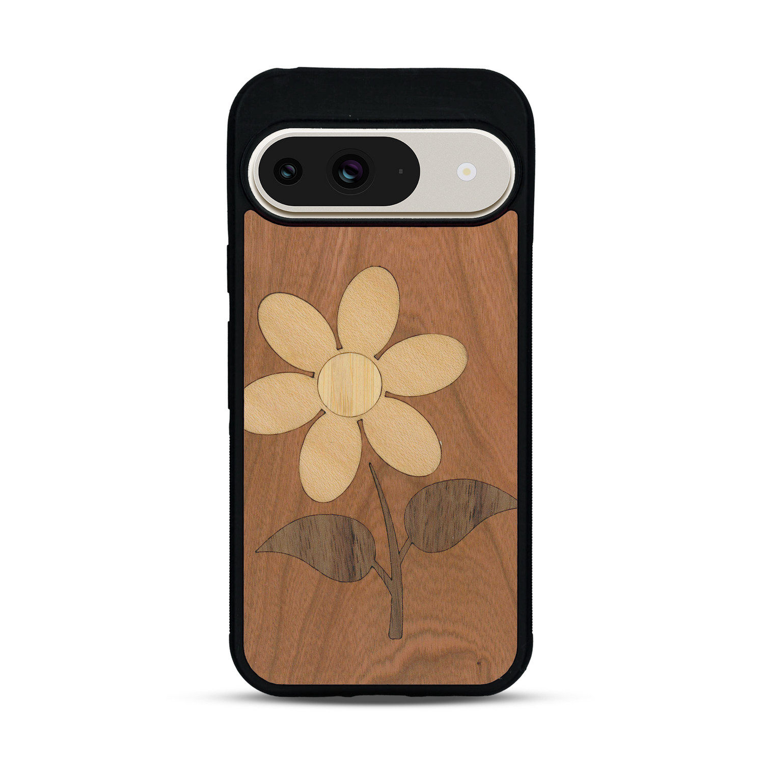 Coque de protection en bois véritable fabriquée en France pour  alliant plusieurs essences de bois pour représenter une marguerite