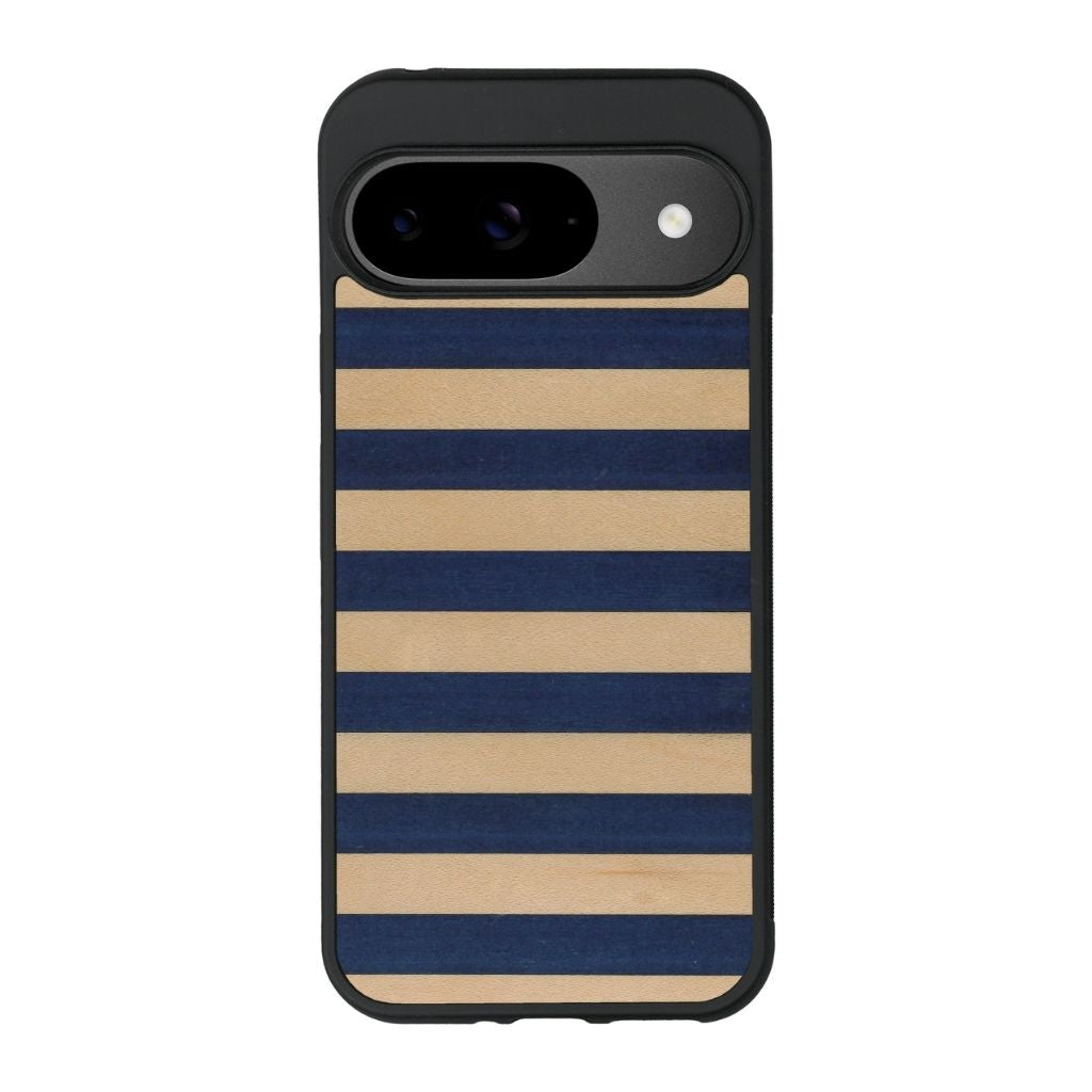 Coque de protection en bois véritable fabriquée en France pour Google Pixel 9 alliant plusieurs essences de bois pour représenter une marinière
