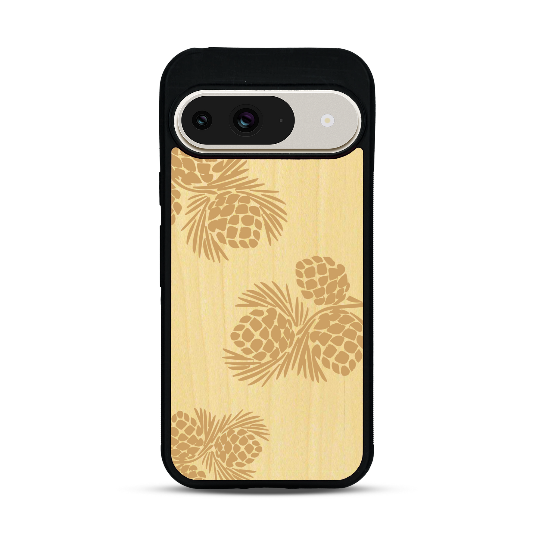 Coque de protection en bois véritable fabriquée en France pour  sur le thème de la nature des arbres avec un motif de gravure représentant des épines de sapin et des pommes de pin
