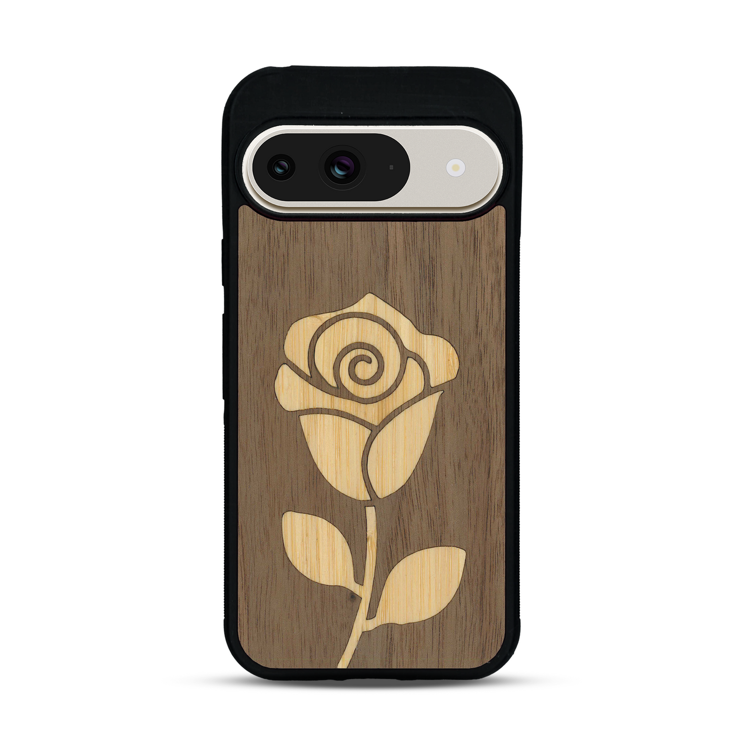 Coque de protection en bois véritable fabriquée en France pour  alliant plusieurs essences de bois pour représenter une rose
