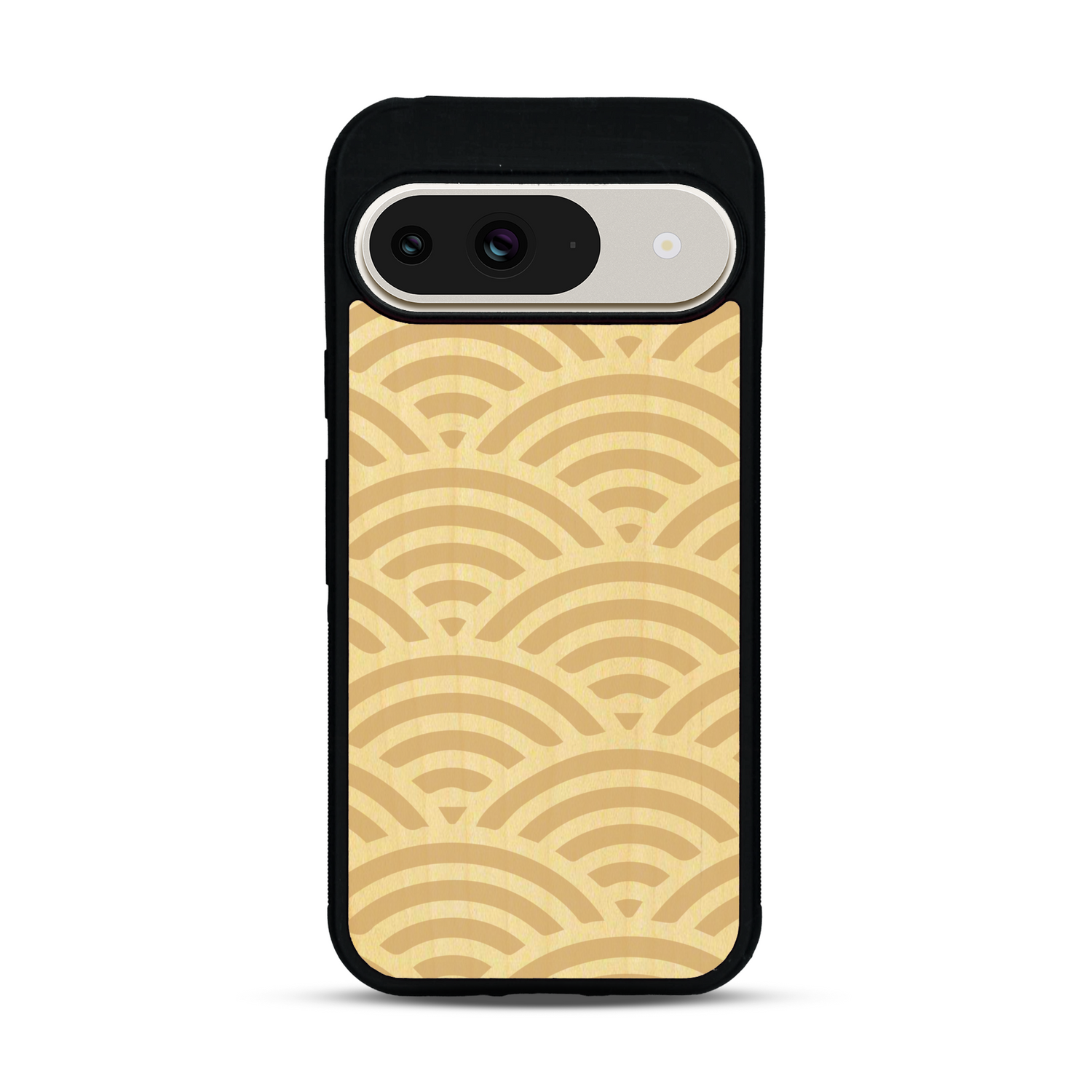Coque de protection en bois véritable fabriquée en France pour  baptisée "La Sinjak" avec un motif de gravure abstrait représentant la répétition d'un symbole wifi