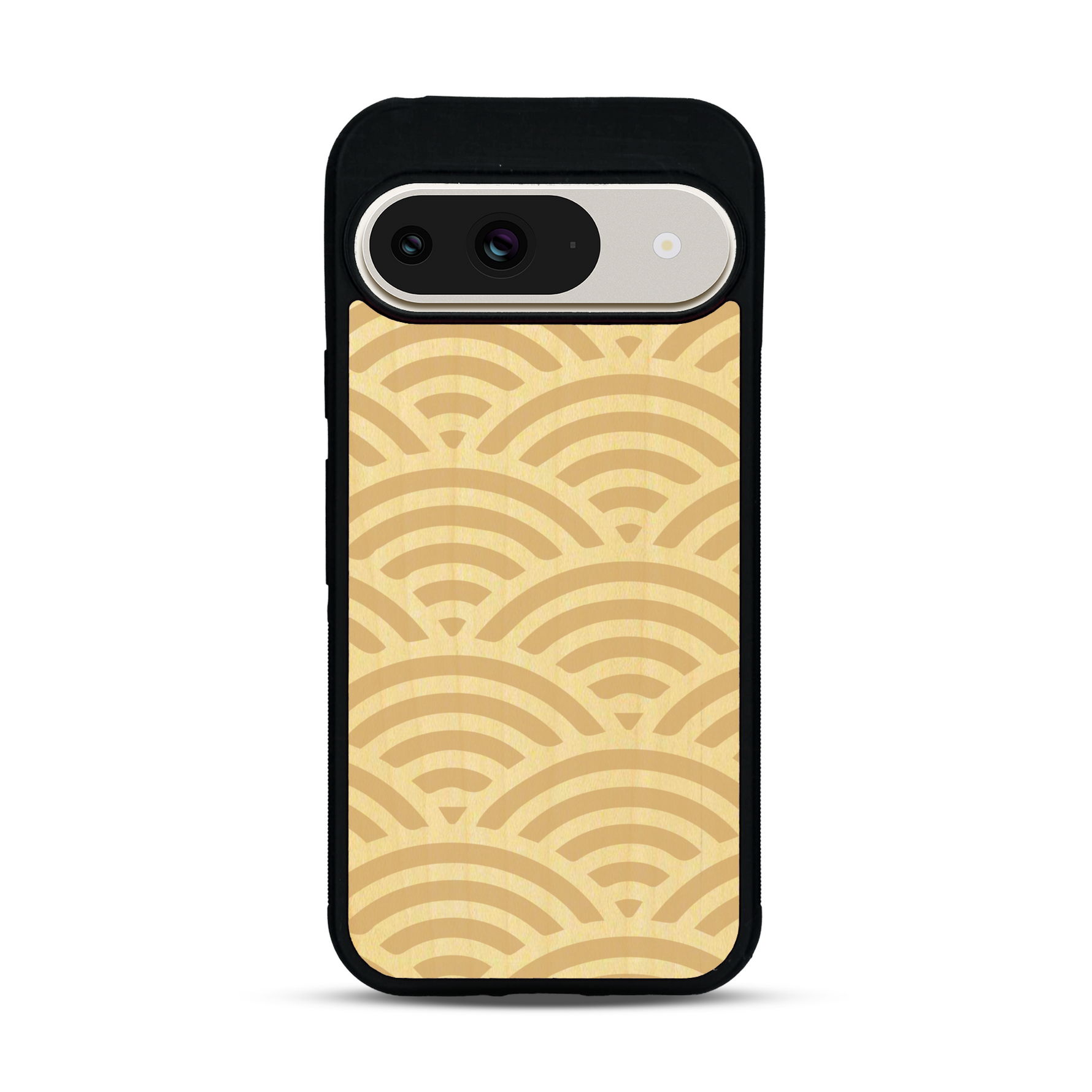 Coque de protection en bois véritable fabriquée en France pour  baptisée "La Sinjak" avec un motif de gravure abstrait représentant la répétition d'un symbole wifi