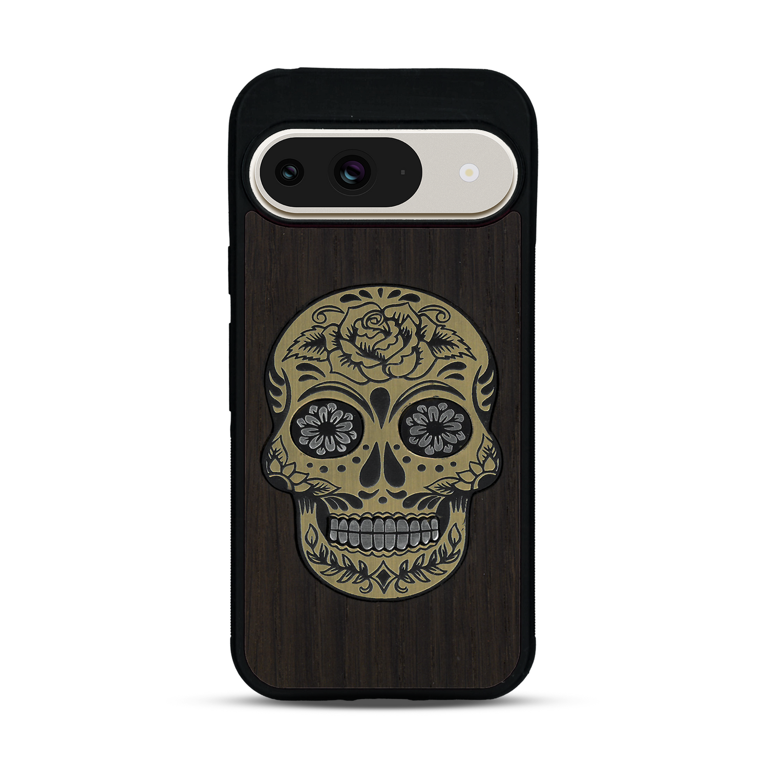 Coque de protection en bois véritable fabriquée en France pour  alliant du chêne fumé avec du métal argenté et doré représentant une tête de mort mexicaine sur le thème Dia de los Muertos