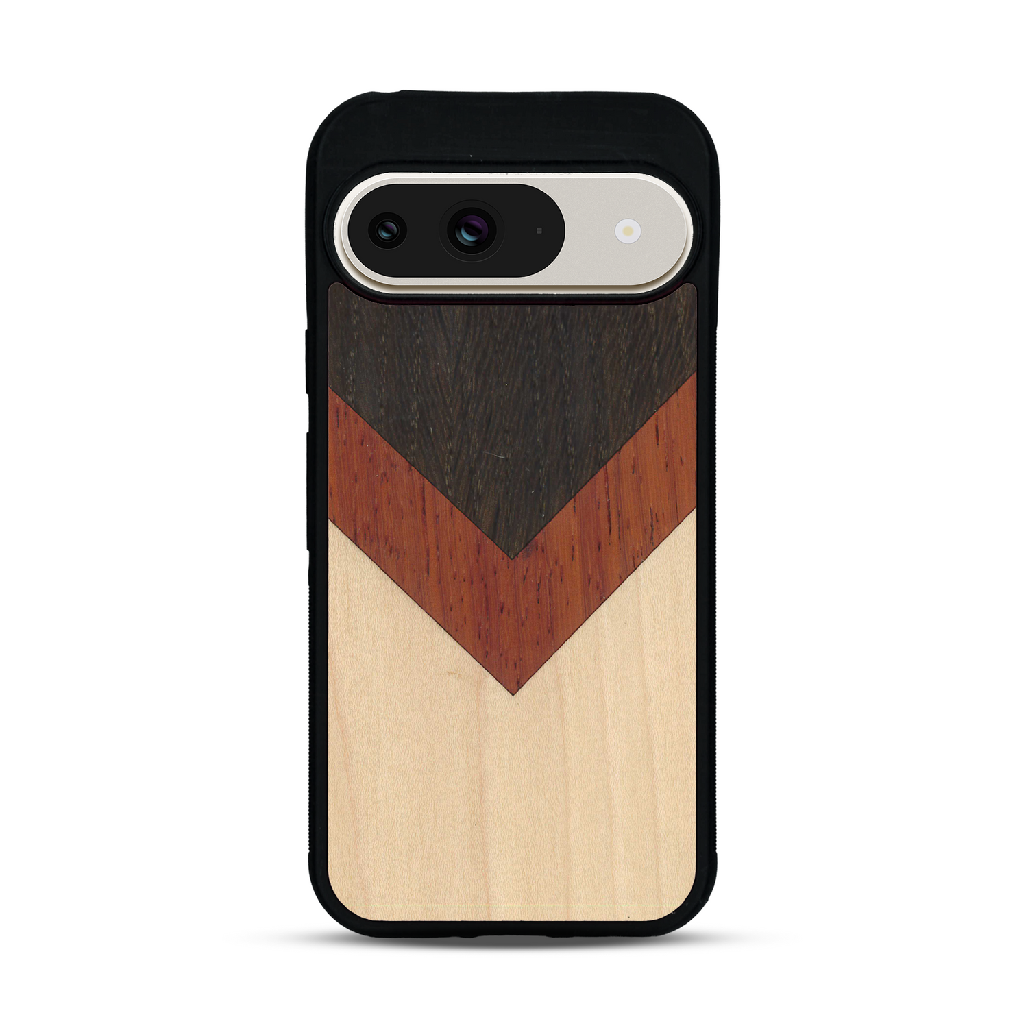Coque de protection en bois véritable fabriquée en France pour  alliant du chêne fumé, du padouk et du bambou en forme de chevron sur le thème de l'art abstrait