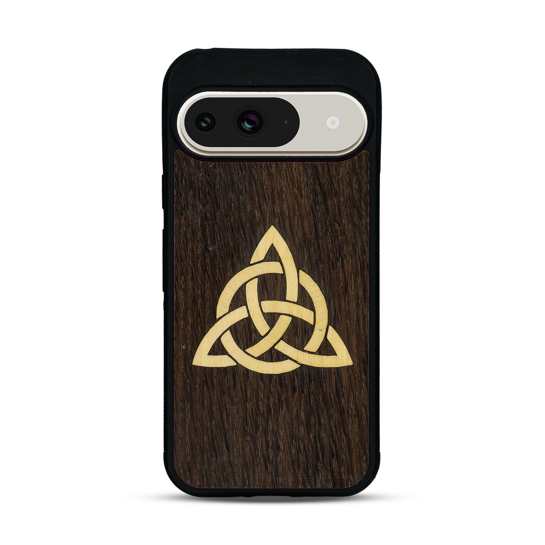 Coque de protection en bois véritable fabriquée en France pour  alliant du chêne fumé et du bambou représentant une triquetra