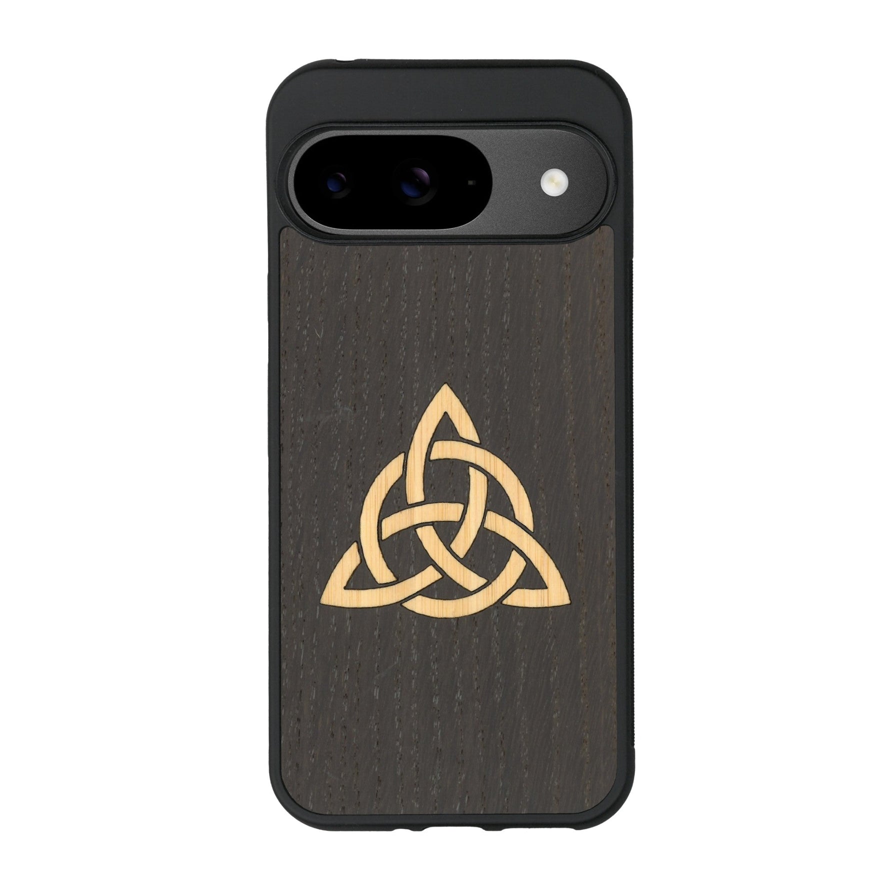 Coque de protection en bois véritable fabriquée en France pour Google Pixel 8pro alliant du chêne fumé et du bambou représentant une triquetra
