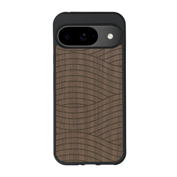 Coque de protection en bois véritable fabriquée en France pour Google Pixel 8pro avec un motif moderne et minimaliste sur le thème waves et wavy représentant les vagues de l'océan