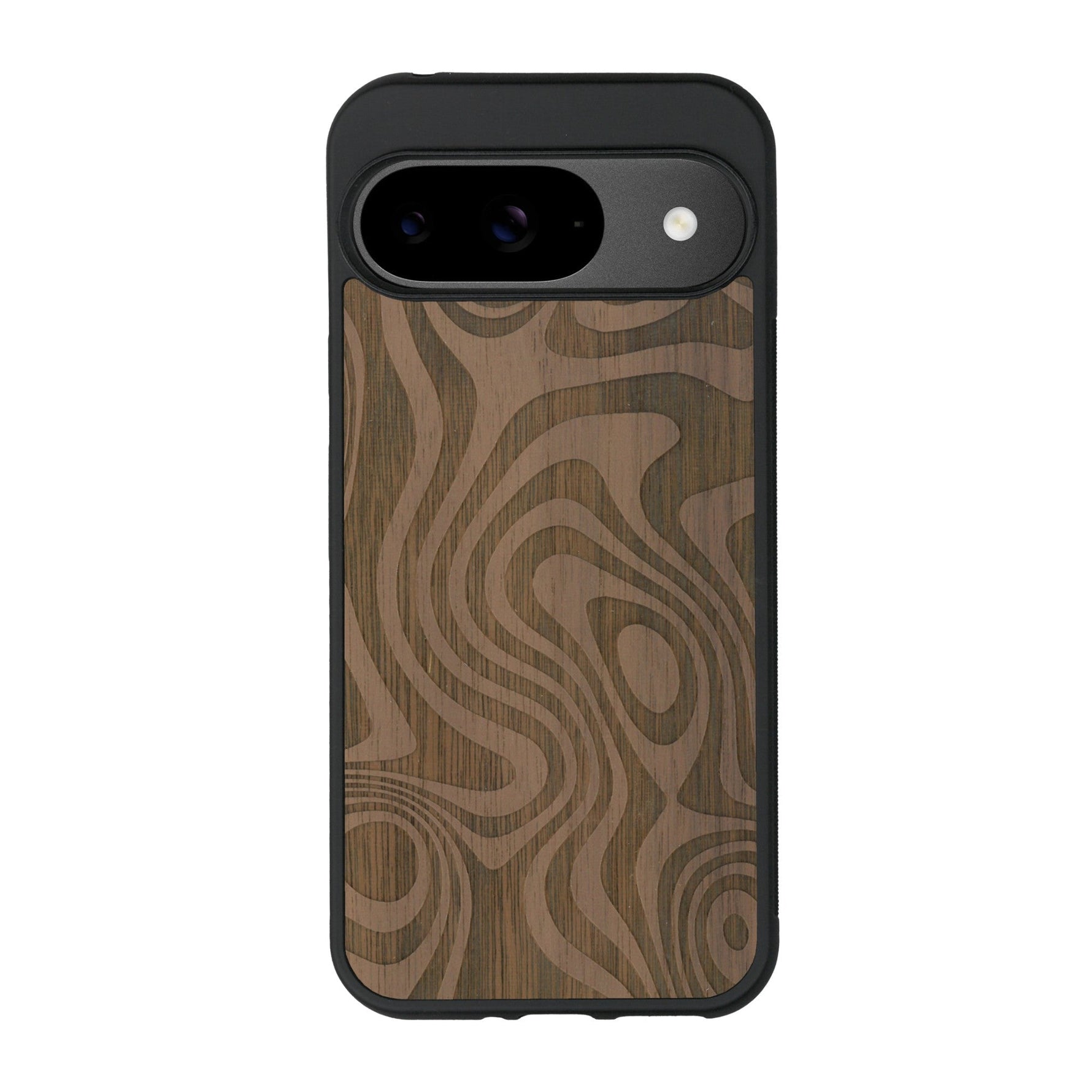 Coque de protection en bois véritable fabriquée en France pour Google Pixel 8pro avec un motif abstrait représentant les mouvements de l'eau