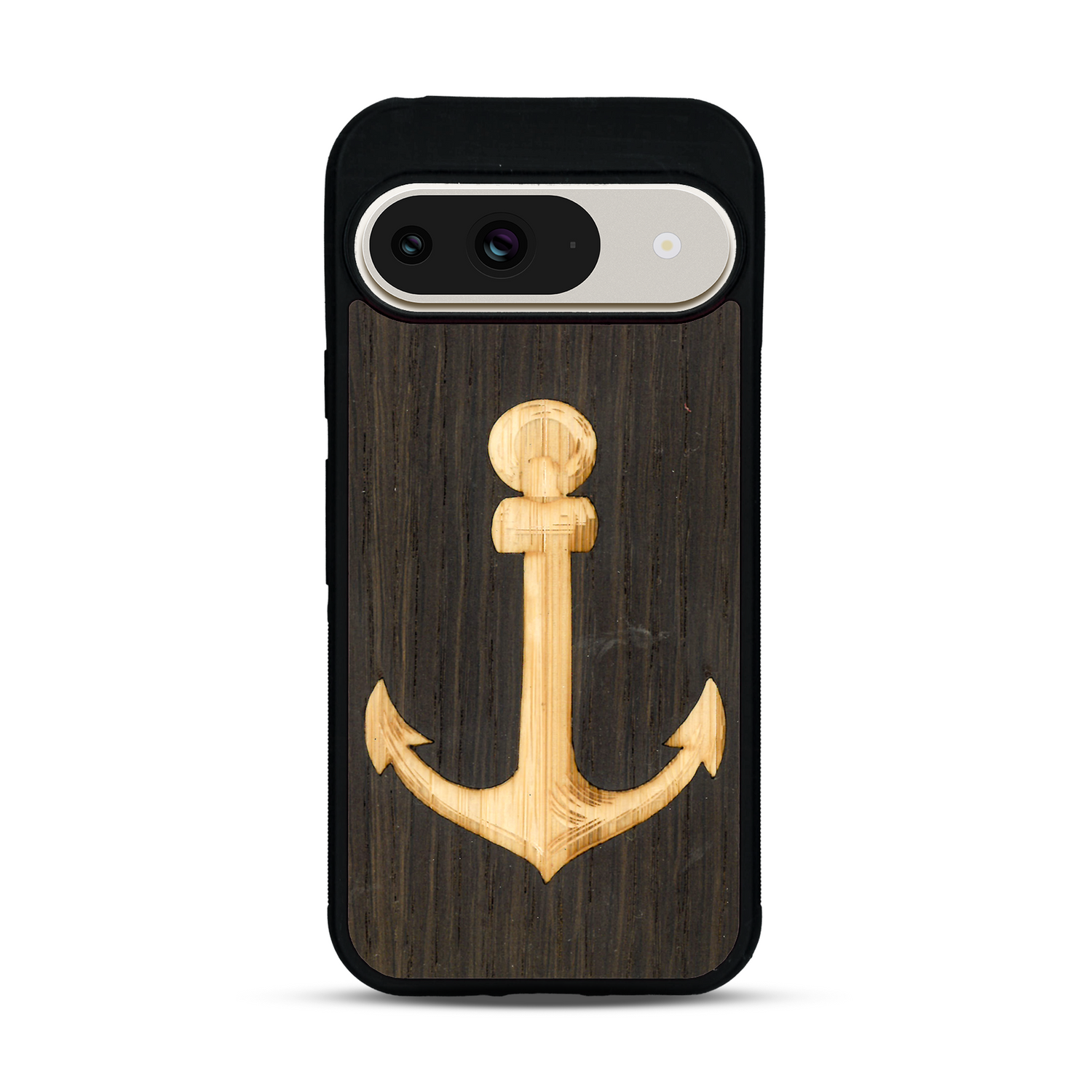 Coque de protection en bois véritable fabriquée en France pour  sur le thème nautique avec un bois clair et un bois foncé représentant une ancre de bateau