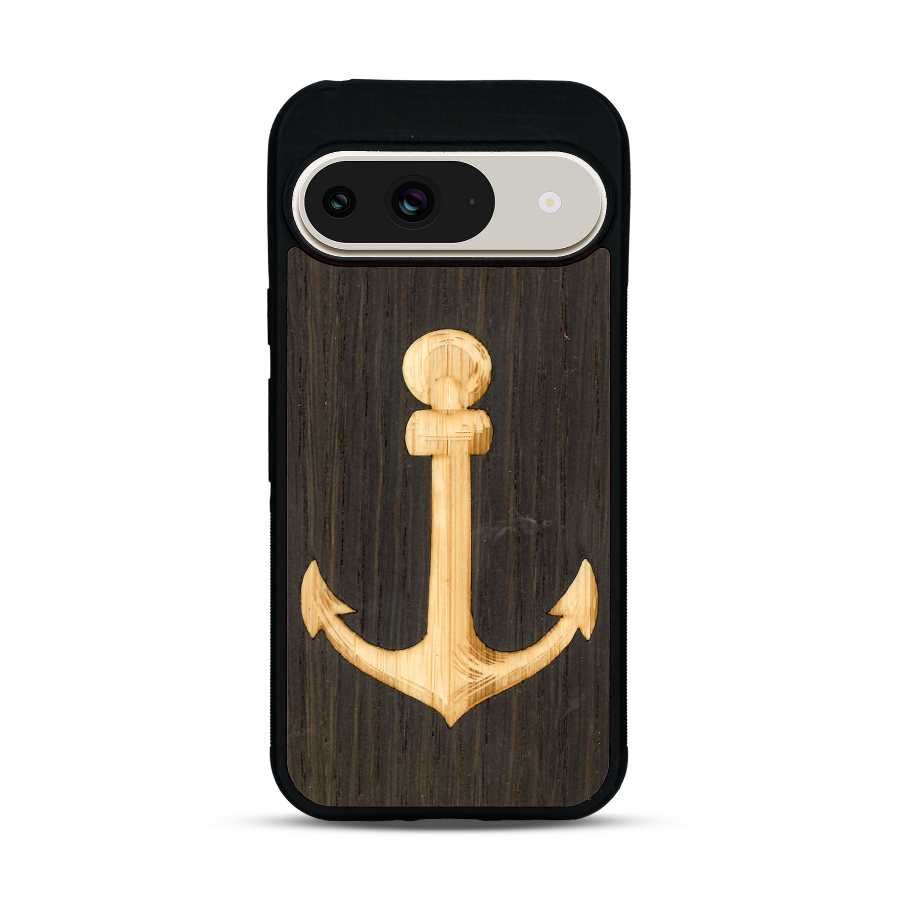 Coque de protection en bois véritable fabriquée en France pour  sur le thème nautique avec un bois clair et un bois foncé représentant une ancre de bateau