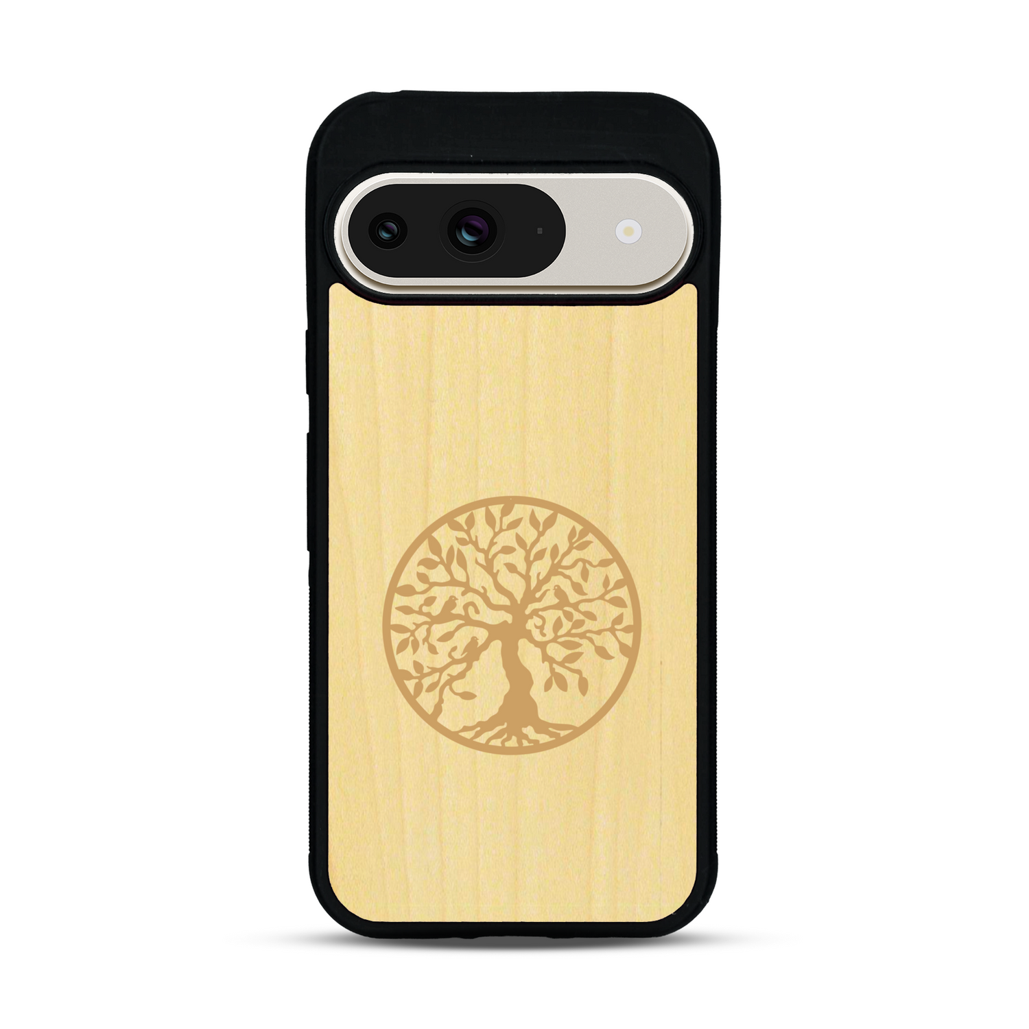 Coque de protection en bois véritable fabriquée en France pour  sur le thème de la spiritualité et du yoga avec une gravure zen représentant un arbre de vie