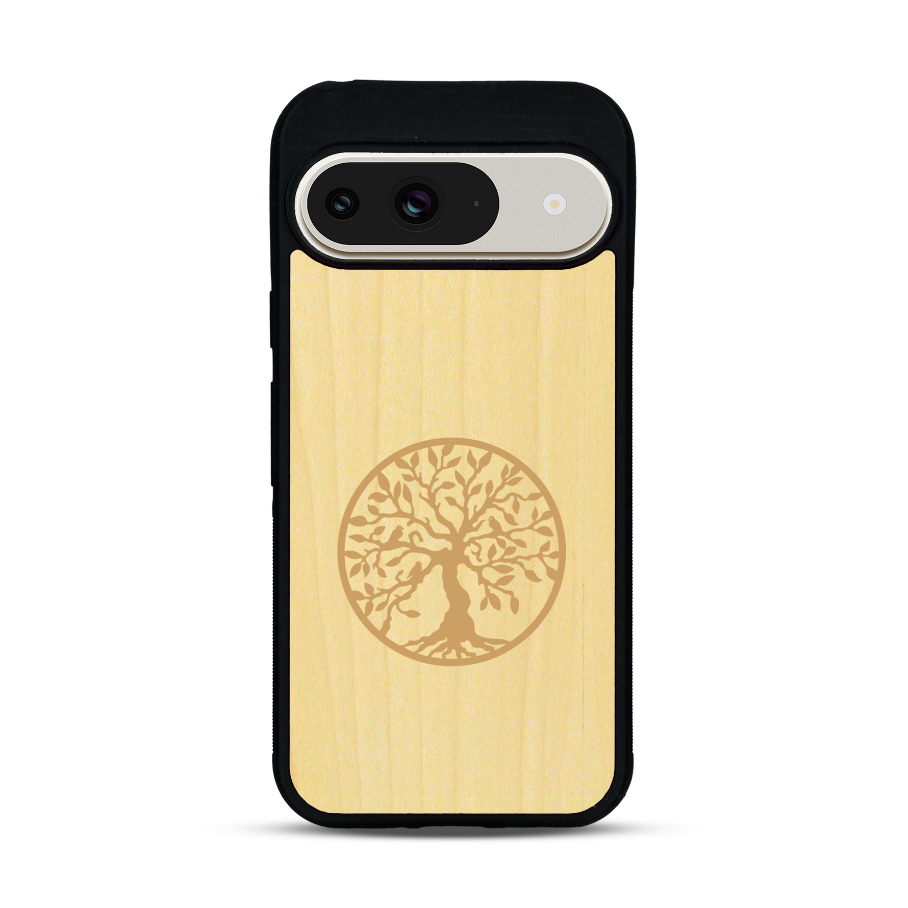 Coque de protection en bois véritable fabriquée en France pour  sur le thème de la spiritualité et du yoga avec une gravure zen représentant un arbre de vie