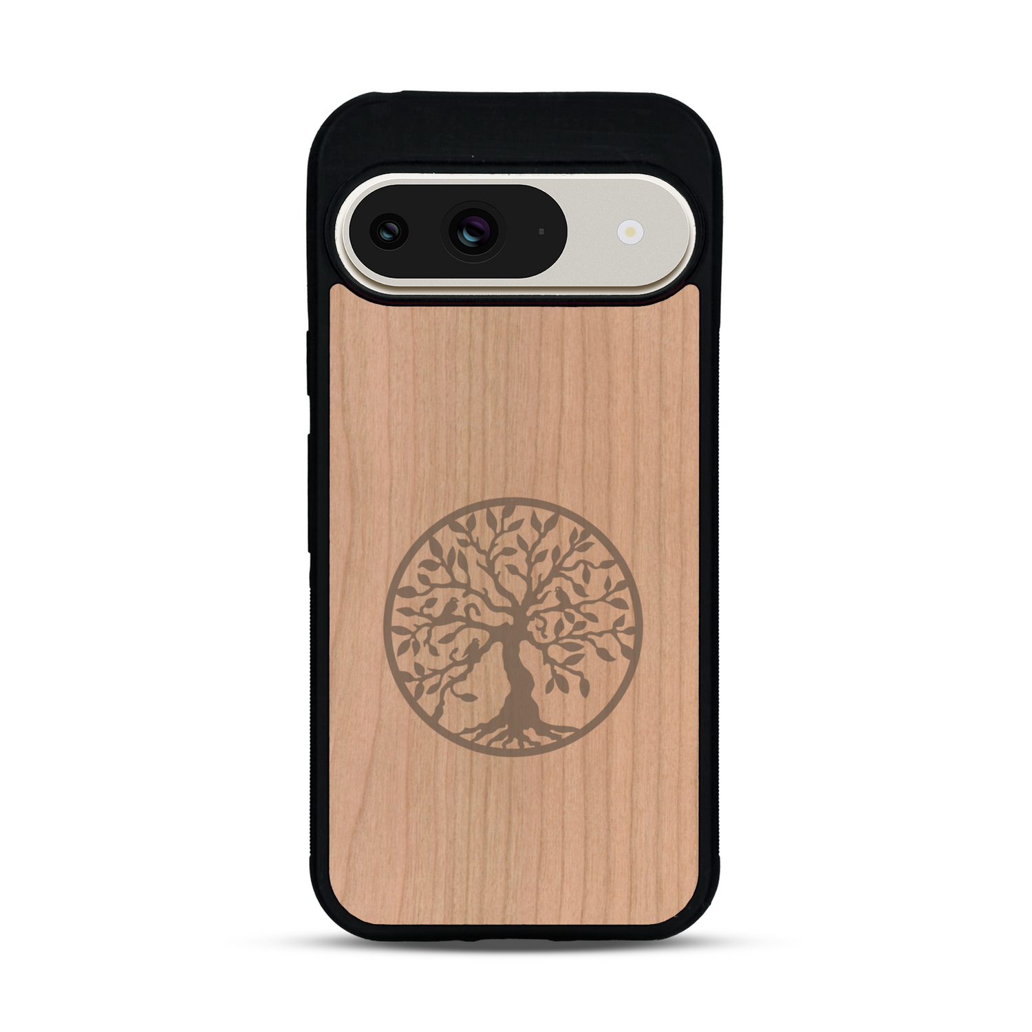 Coque de protection en bois véritable fabriquée en France pour  sur le thème de la spiritualité et du yoga avec une gravure zen représentant un arbre de vie