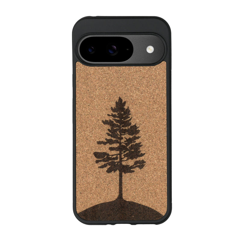 Coque de protection en bois véritable fabriquée en France pour Google Pixel 8pro sur le thème de la nature, de la fôret et de l'écoresponsabilité avec une gravure représentant un arbre 