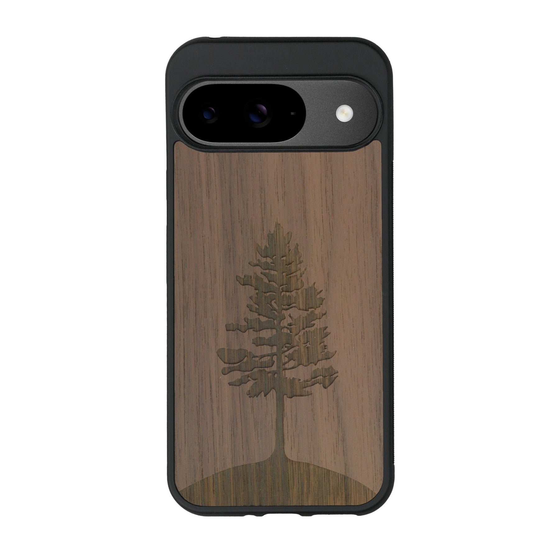 Coque de protection en bois véritable fabriquée en France pour Google Pixel 8A sur le thème de la nature, de la fôret et de l'écoresponsabilité avec une gravure représentant un arbre 