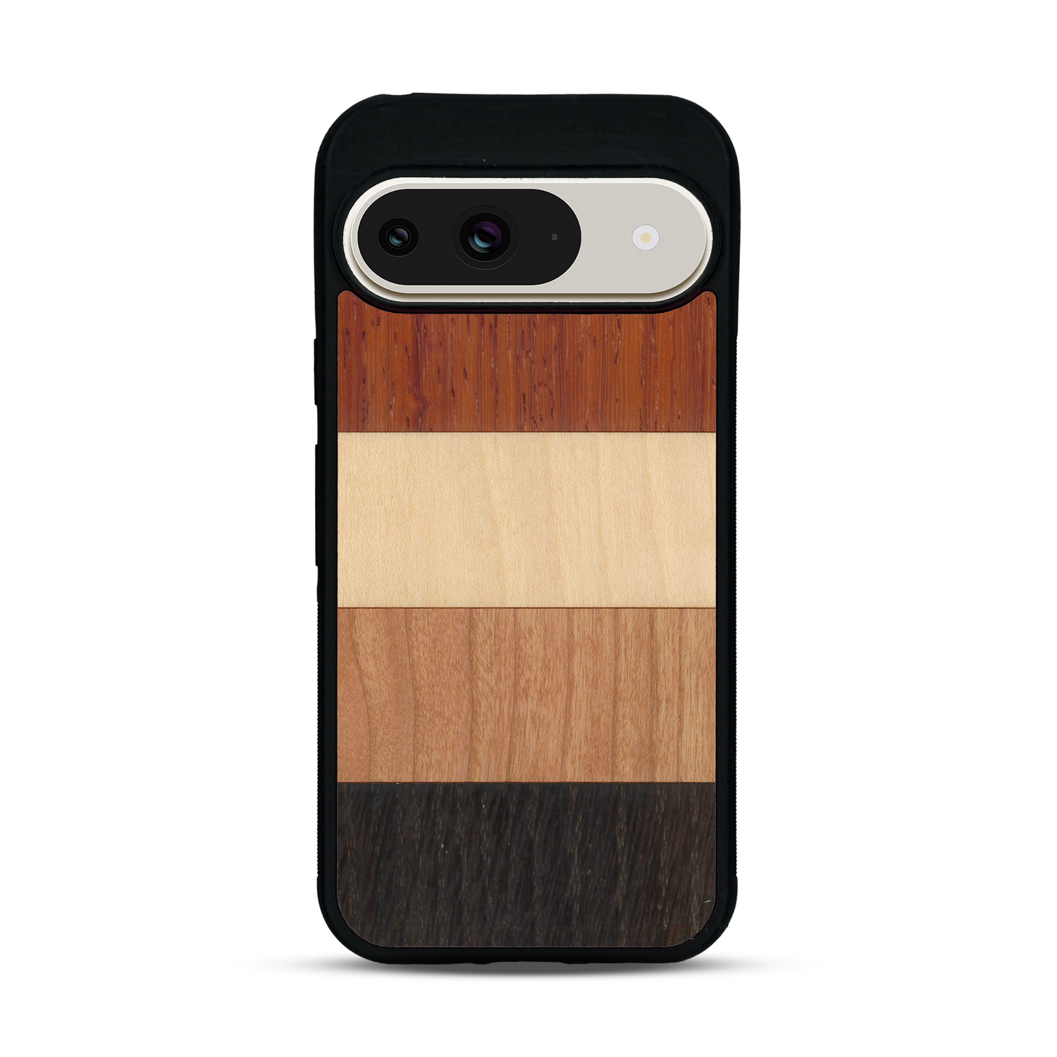 Coque de protection en bois véritable fabriquée en France pour  alliant des bandes horizontales de bambou, merisier, padouk, noyer et chêne fumé