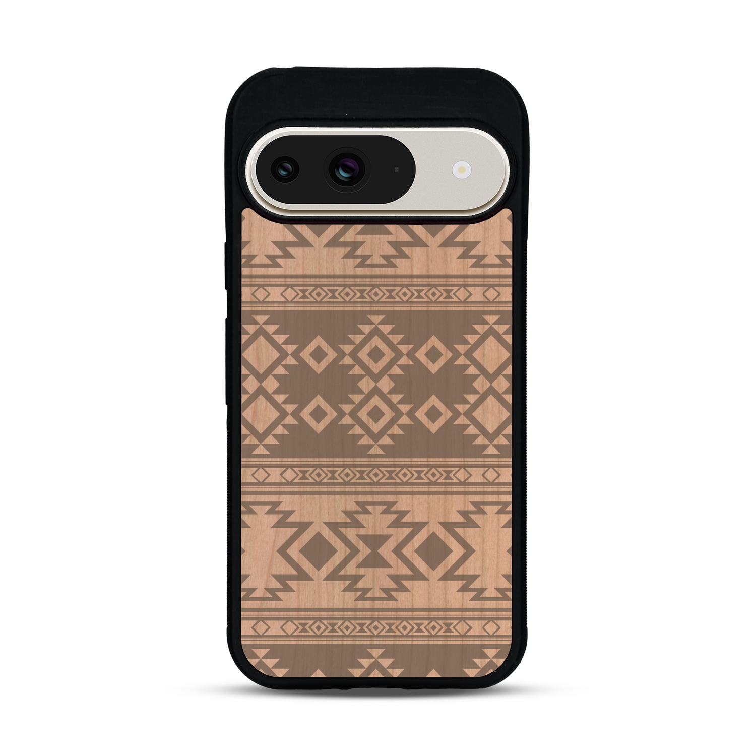 Coque de protection en bois véritable fabriquée en France pour  avec des motifs géométriques s'inspirant des temples aztèques, mayas et incas