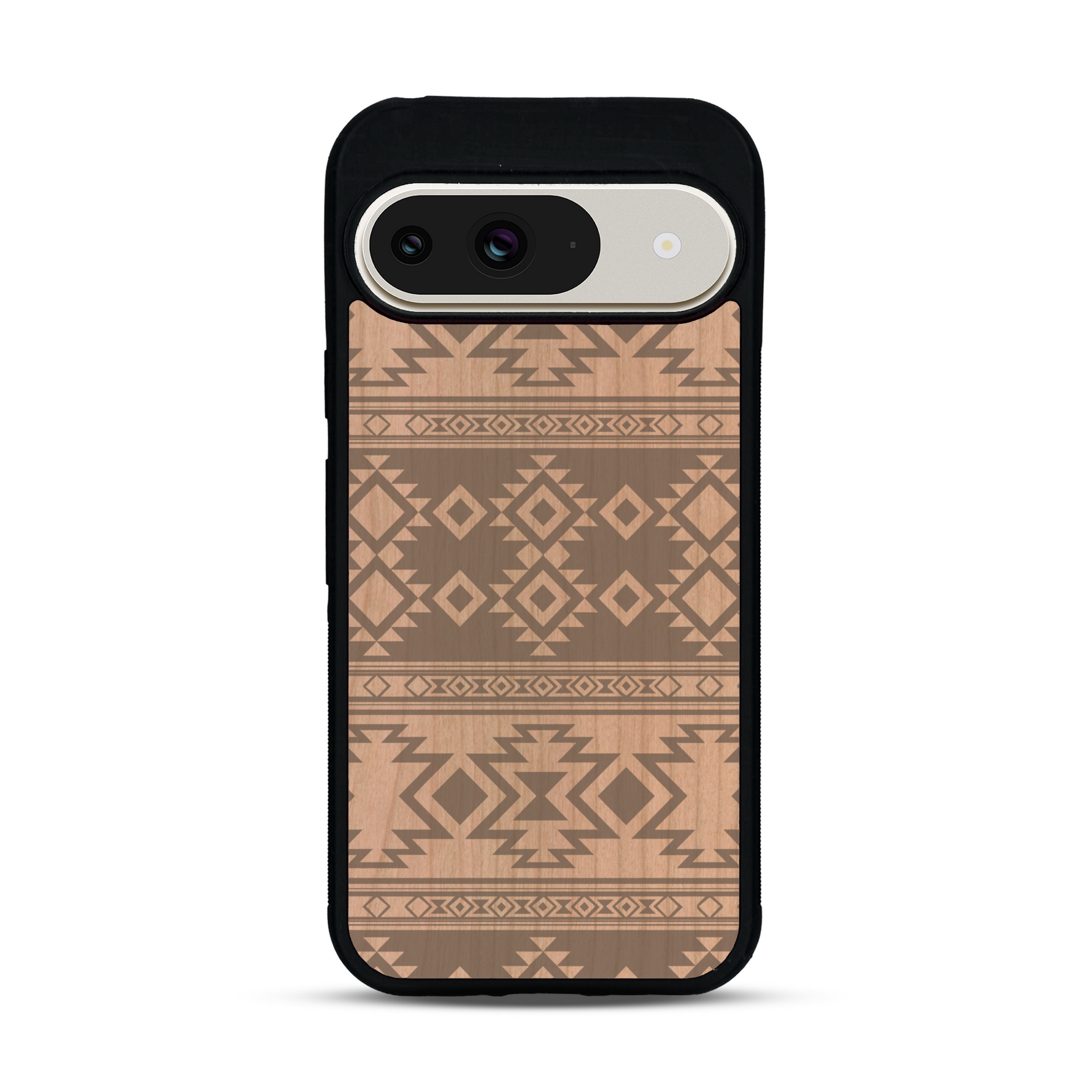 Coque de protection en bois véritable fabriquée en France pour  avec des motifs géométriques s'inspirant des temples aztèques, mayas et incas