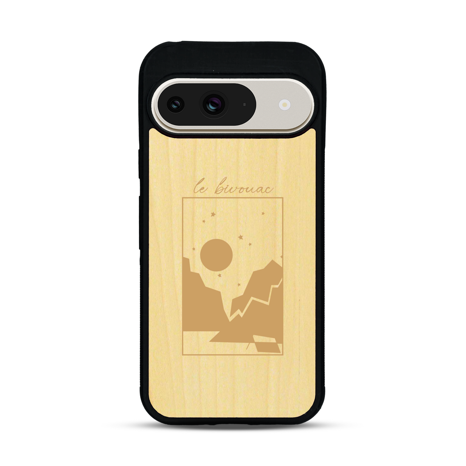 Coque de protection en bois véritable fabriquée en France pour  sur le thème du camping en pleine nature et du bivouac avec la phrase "Aventure is out there"